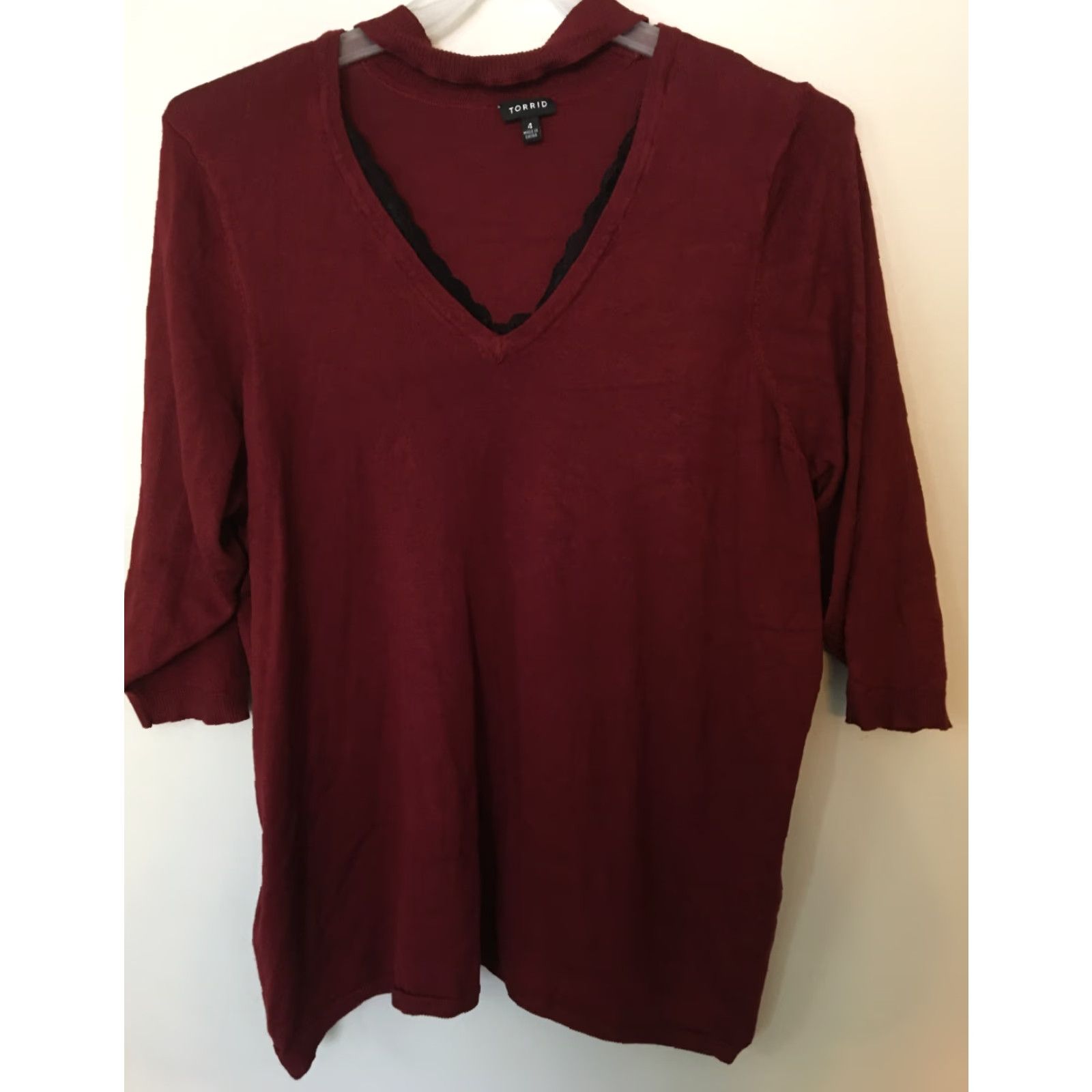 Torrid Torrid Plus Size 4X Lace Trim V Neck Choker Neck Sweater Maroon Red Pullover Knit Long Sleeve Womens Size XXL / US 16-18 / IT 52-54 - 2 Thumbnail