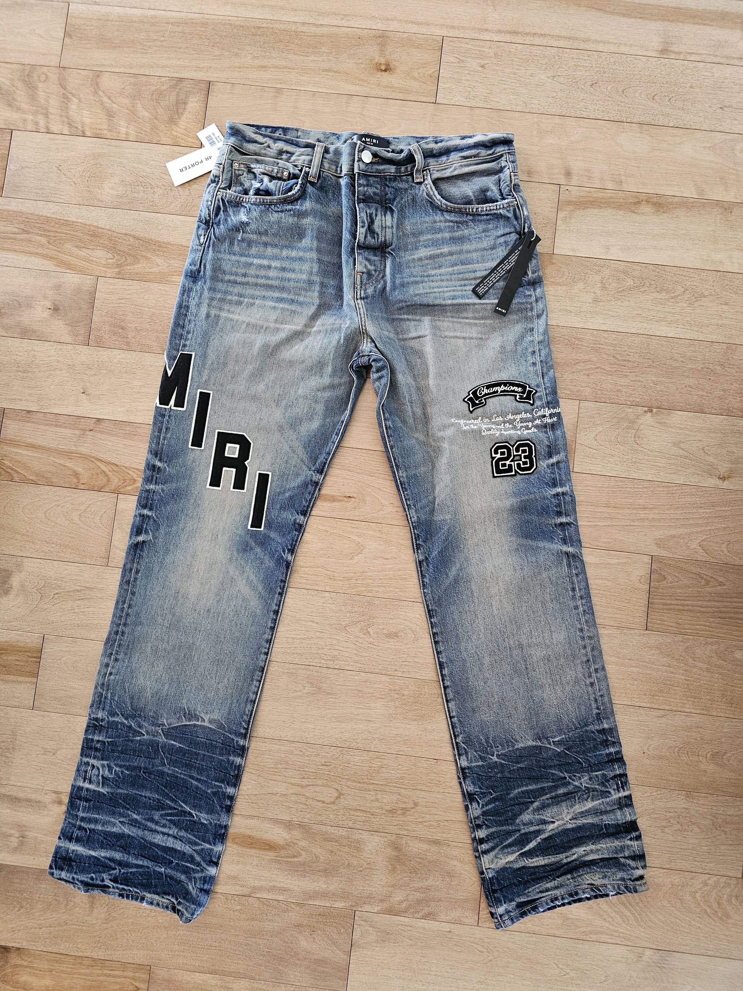 Amiri Amiri Patchwork “Champions 23” Jeans Blue Sz 34 BNWT Size US 34 / EU 50 - 1 Thumbnail