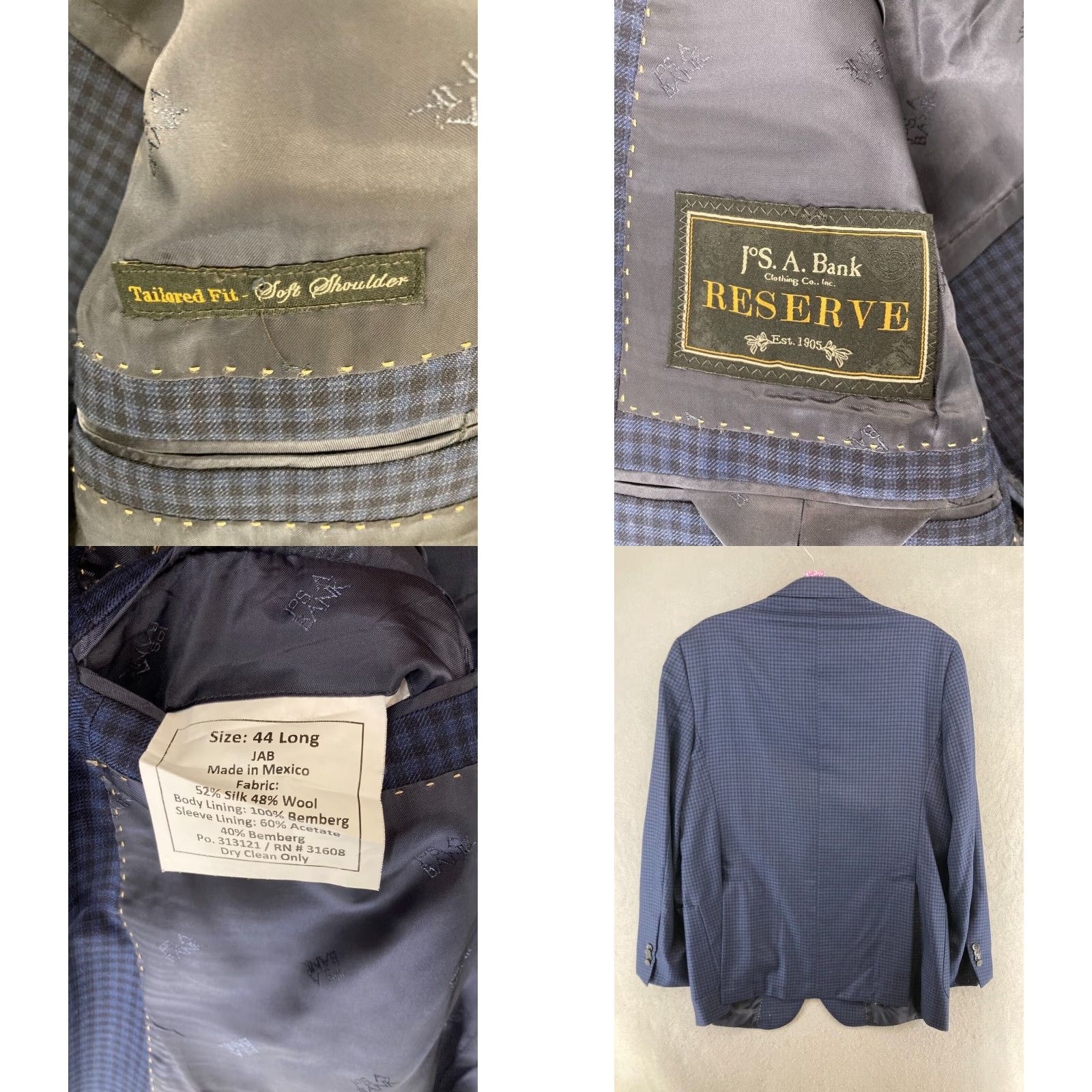 Jos. A. Bank Jos. A. Bank Classic Suit Jacket 44L Blue Check Wool Blend Two-Button Long Sleeve Mens Size 44R - 8 Thumbnail