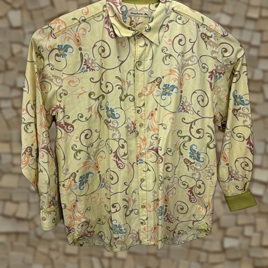 Tommy Bahama Tommy Bahama PAISLEY Shirt Men's Large Yellow Floral Linen-Blend Flip Cuff Size US L / EU 52-54 / 3 - 1 Thumbnail