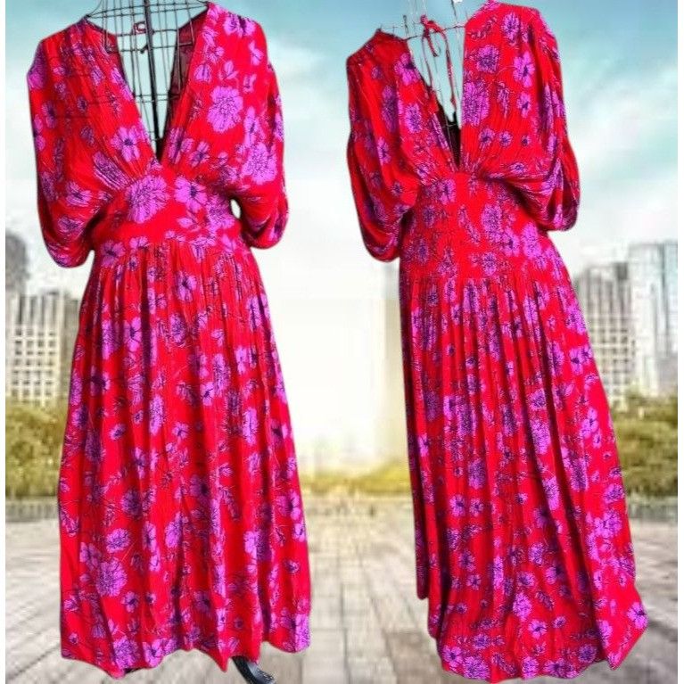Other Band of Gypsies Hi Low Dress Small Red Pink Flowers Stretch Size S / US 4 / IT 40 - 2 Thumbnail