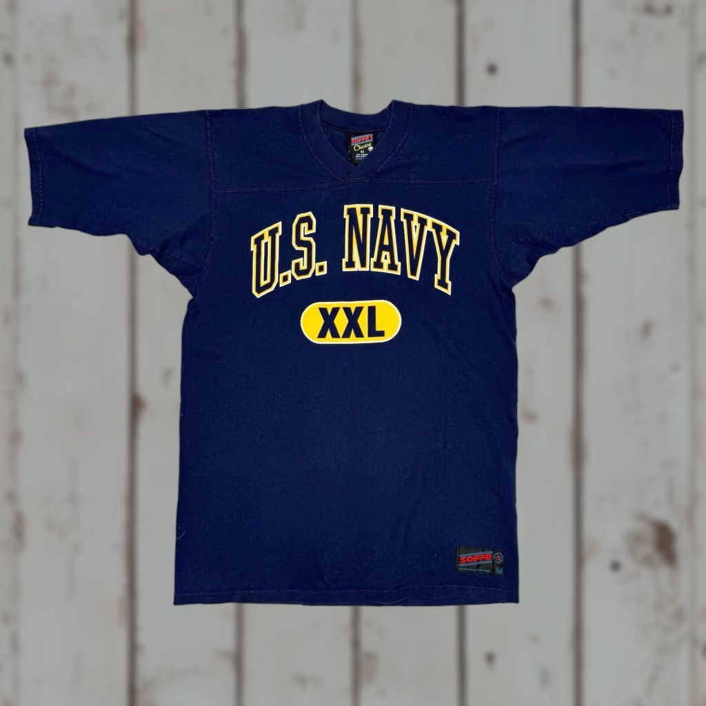 Soffe VINTAGE Made In Usa T-Shirt Mens L Blue Navy 90s Usa Graphic Print V-Neck Short Sleeve Heavy Weight Cotton Logo Size US L / EU 52-54 / 3 - 1 Thumbnail