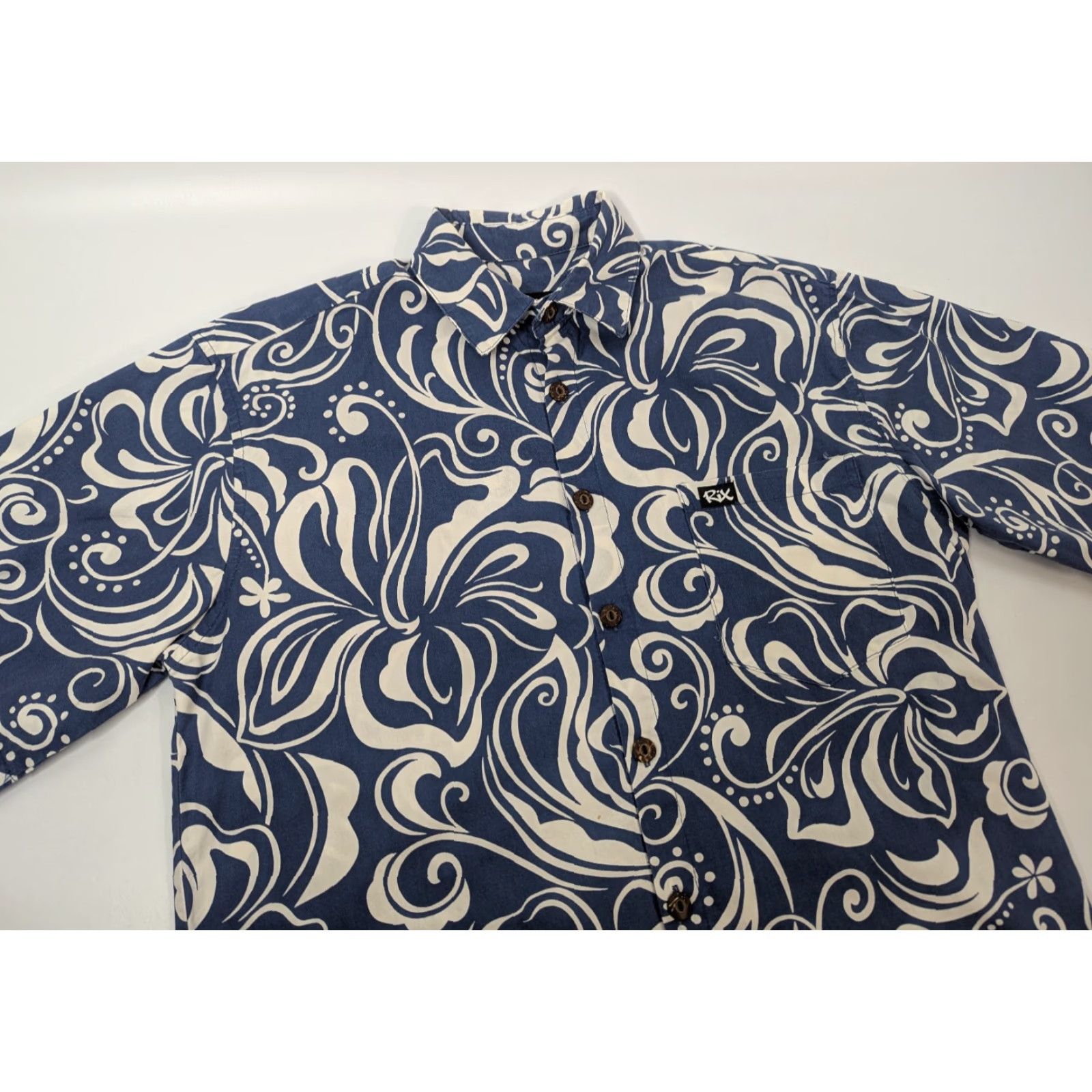 RIXO VINTAGE RIX Shirt Small Blue Floral 100% Cotton Made in Hawaii Tropical Mens Button-Up Short Sleeve Hawaiian Size US S / EU 44-46 / 1 - 2 Thumbnail