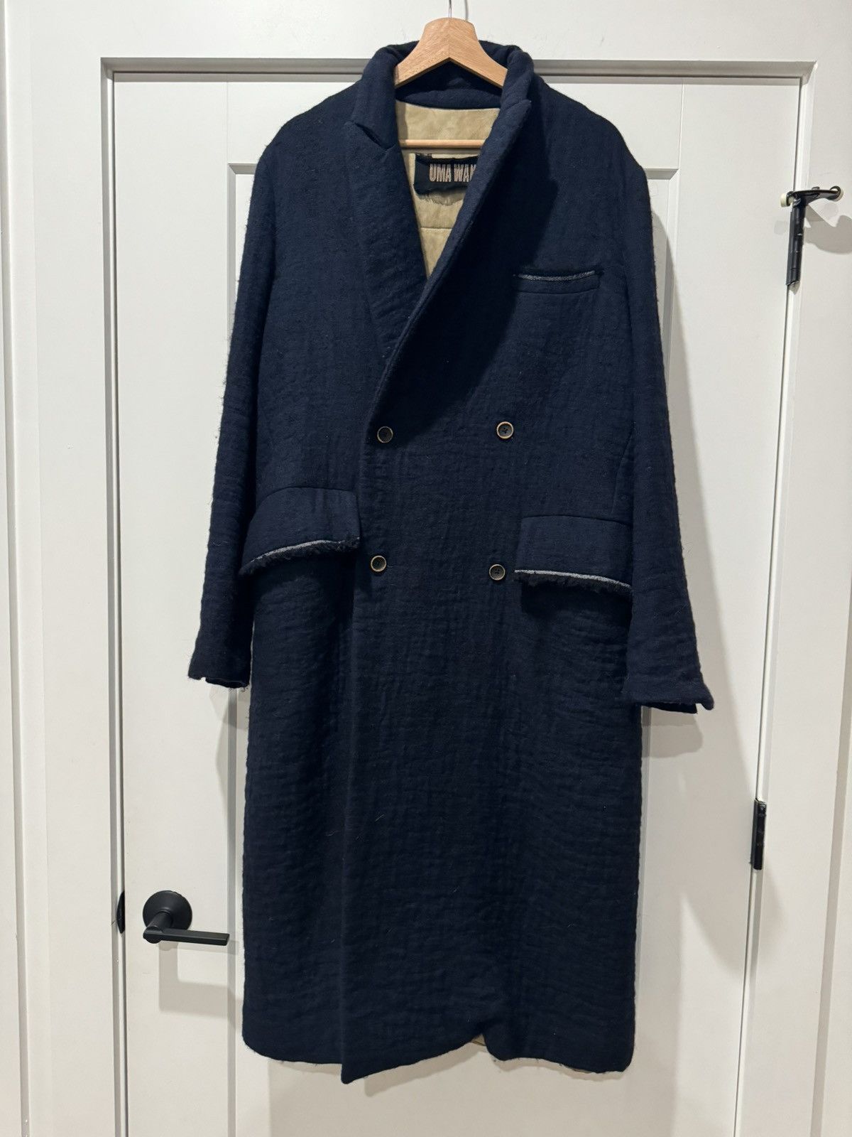 image of Uma Wang Double Breasted Long Coat in Navy, Men's (Size Large)