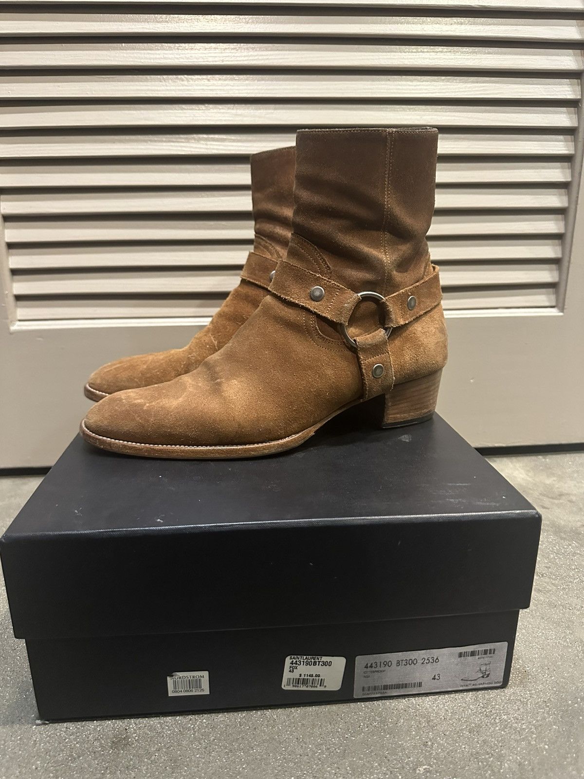 Pre-owned Saint Laurent Fox Suede Harness Wyatt 40mm Boots 43 In Brown