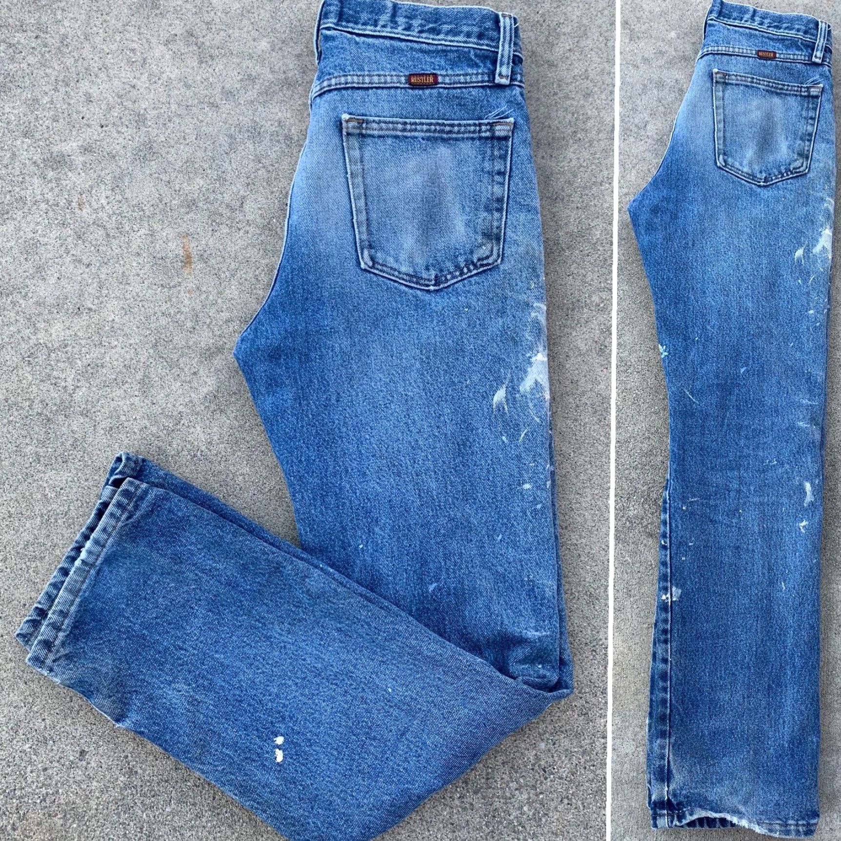 Vintage Rustler Jeans Distressed Paint Spots Faded 30 X 32 32 X 32 Denim Cotton Belt Loops 5-Pocket Men Jeans Cowboy Theme Mens Size US 32 / EU 48 - 2 Thumbnail