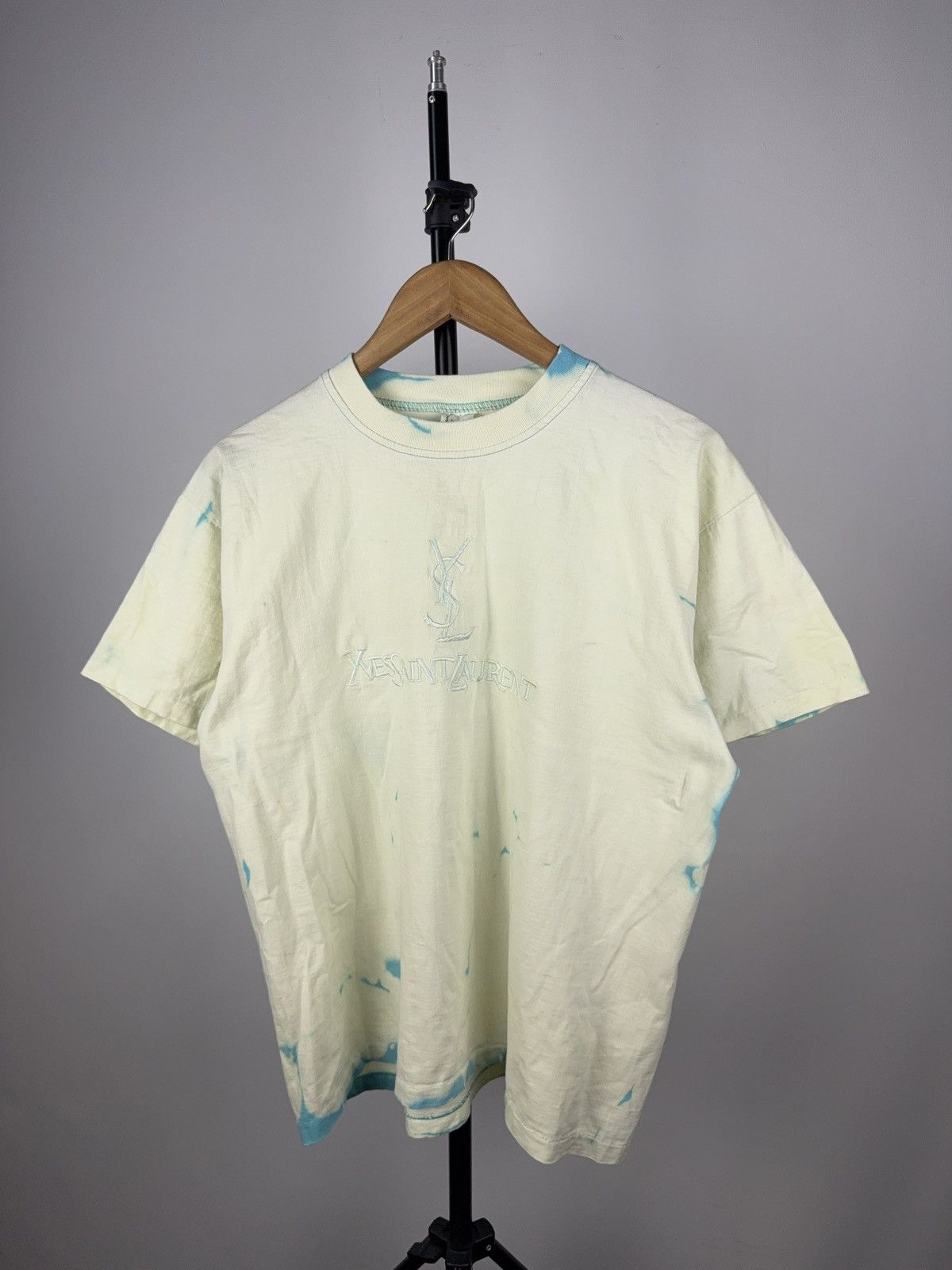 Vintage 90s Y2K Style Tee Bleach Dyed Mint Shirt YSL-Inspired Logo Size US M / EU 48-50 / 2 - 1 Thumbnail