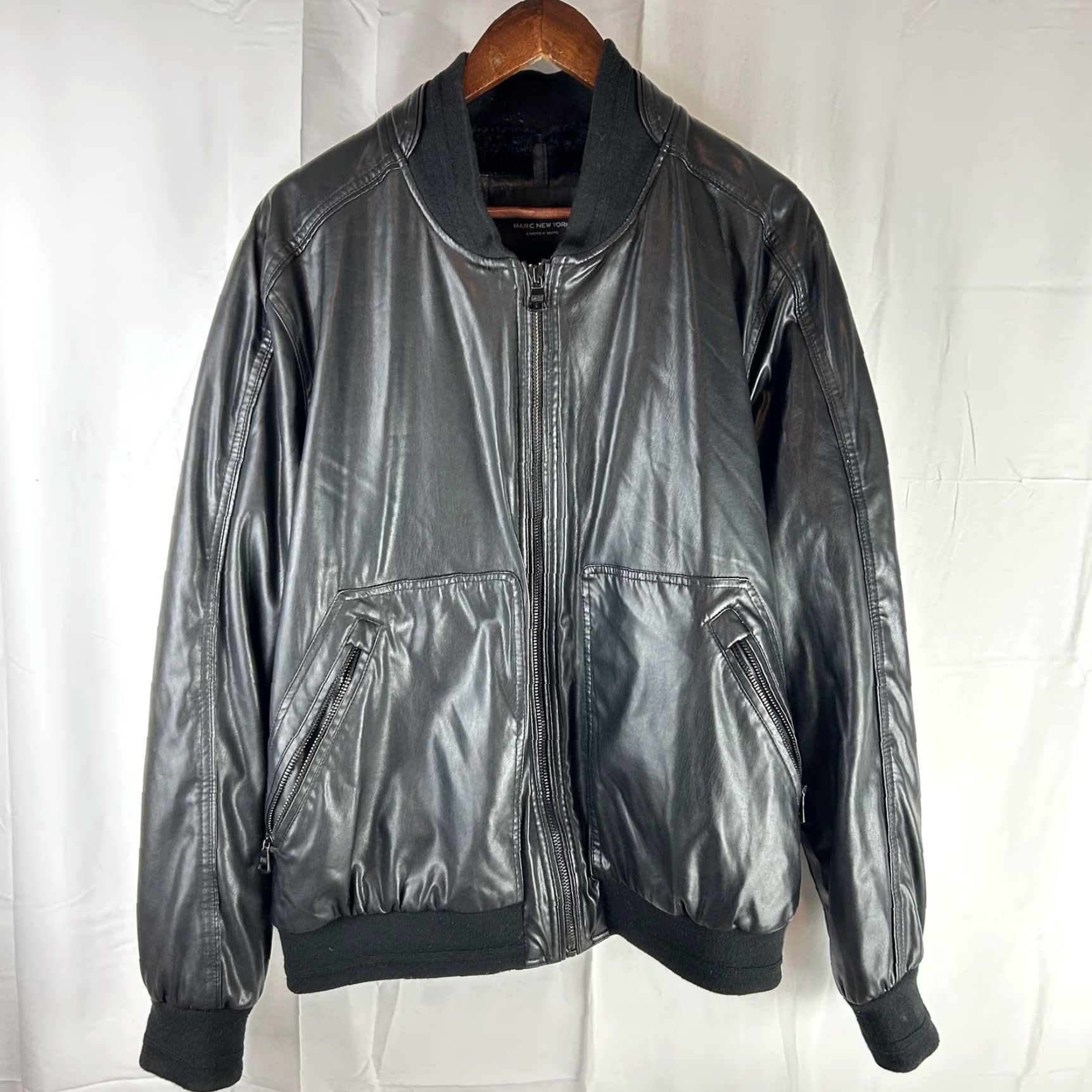 Vintage Marc New York Mens XL Black Faux Leather Bomber Jacket Insulated Lined Faux Fur Full Zip Pockets Size US XL / EU 56 / 4 - 2 Thumbnail