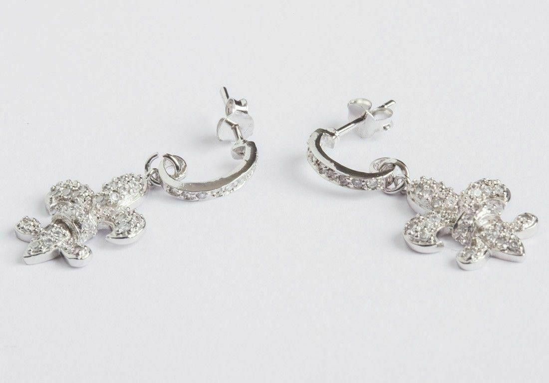 Designer Sterling Silver Pave Fleur lis Pave Cubic Zirconia Earrings Size ONE SIZE - 4 Thumbnail
