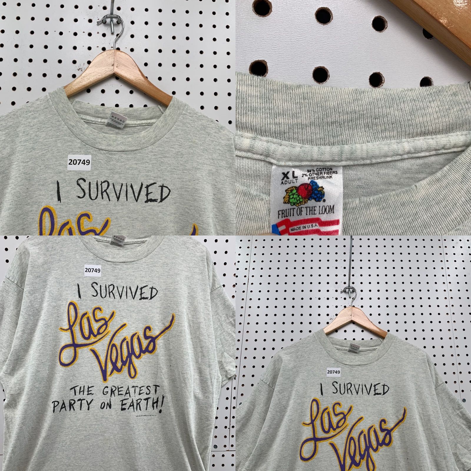 Fruit Of The Loom VINTAGE Las Vegas 90s Survived Shirt Mens XL Gray USA Single Stitch Fruit of the Loom T-Shirt Size US XL / EU 56 / 4 - 9 Thumbnail