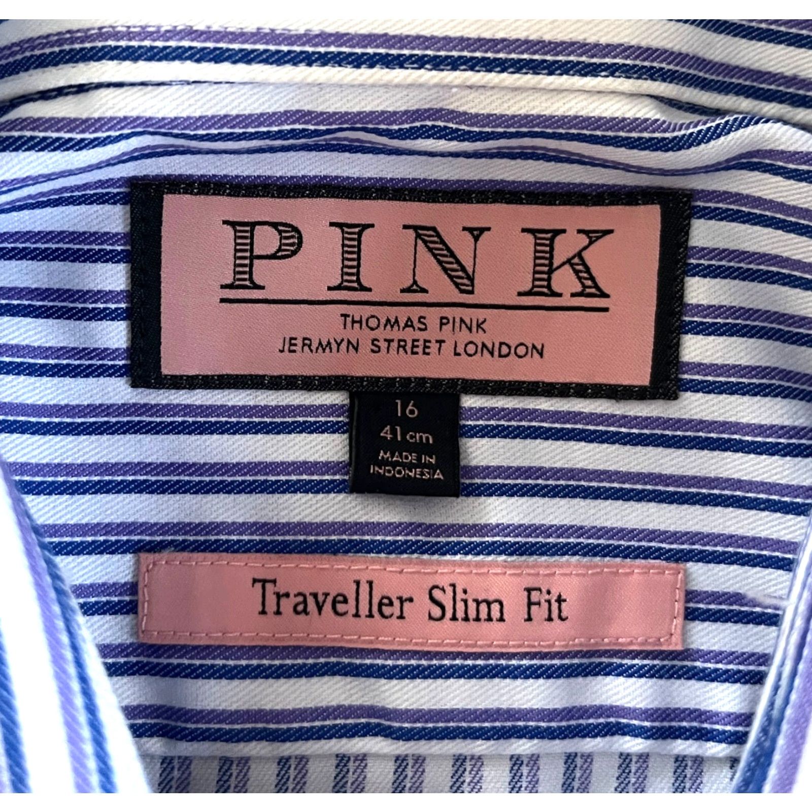 Pinko Thomas Pink Traveller Slim Fit Dress Shirt Striped Sz 16, 41cm Men’s Shirt, White/Blue/Purple, 100% Cotton, Long Sleeve, Button-Front, Spread Collar Size 42R - 7 Thumbnail