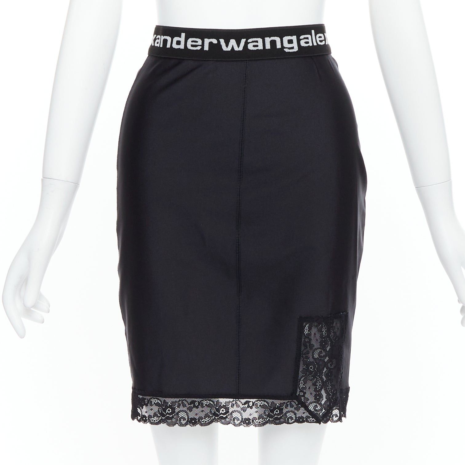 Alexander Wang T ALEXANDER WANG black lace trim logo tape waistband mini skirt XS Size 27" / US 4 / IT 40 - 1 Thumbnail