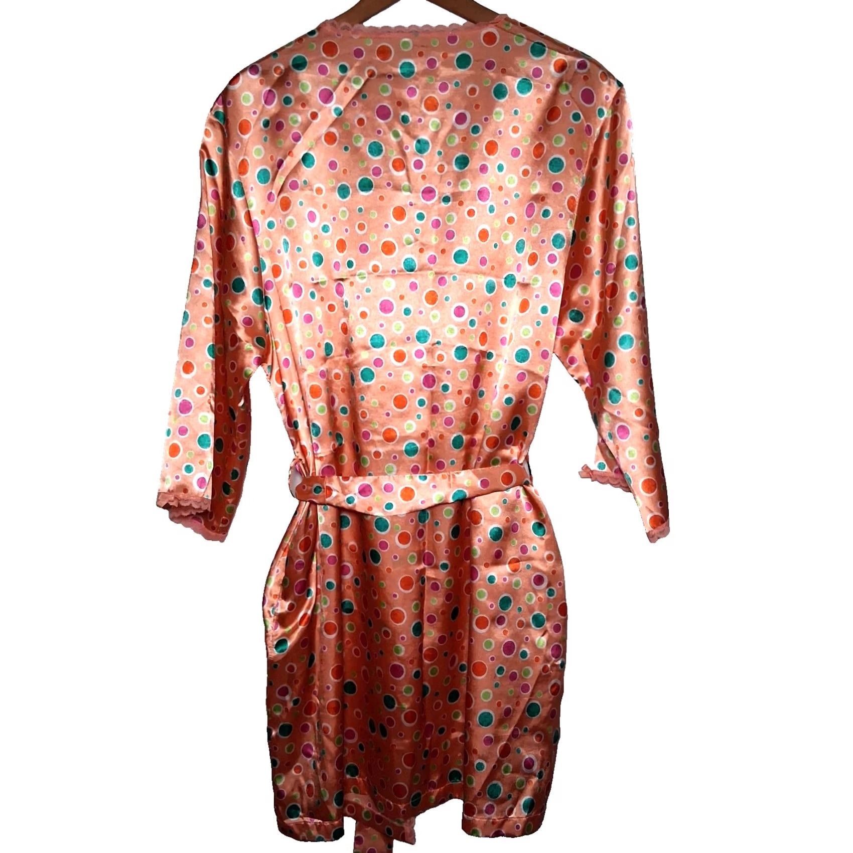 Vintage Vintage 1990s Leslie Fay Intimate Robe L Peach Satin Polka Dot Lace Trim READ Size ONE SIZE - 2 Thumbnail