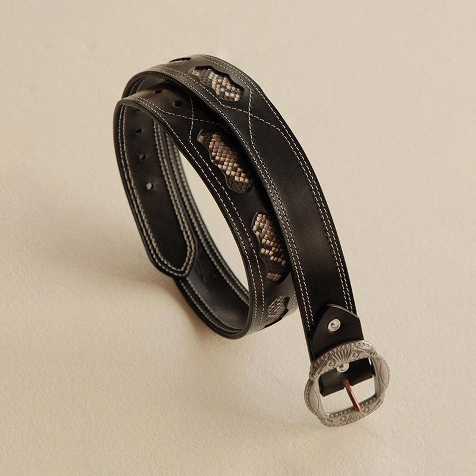 Genuine Leather × Vintage Full Grain Cowhide Belt – Hollow Python, Brass Buckle Size ONE SIZE - 1 Thumbnail