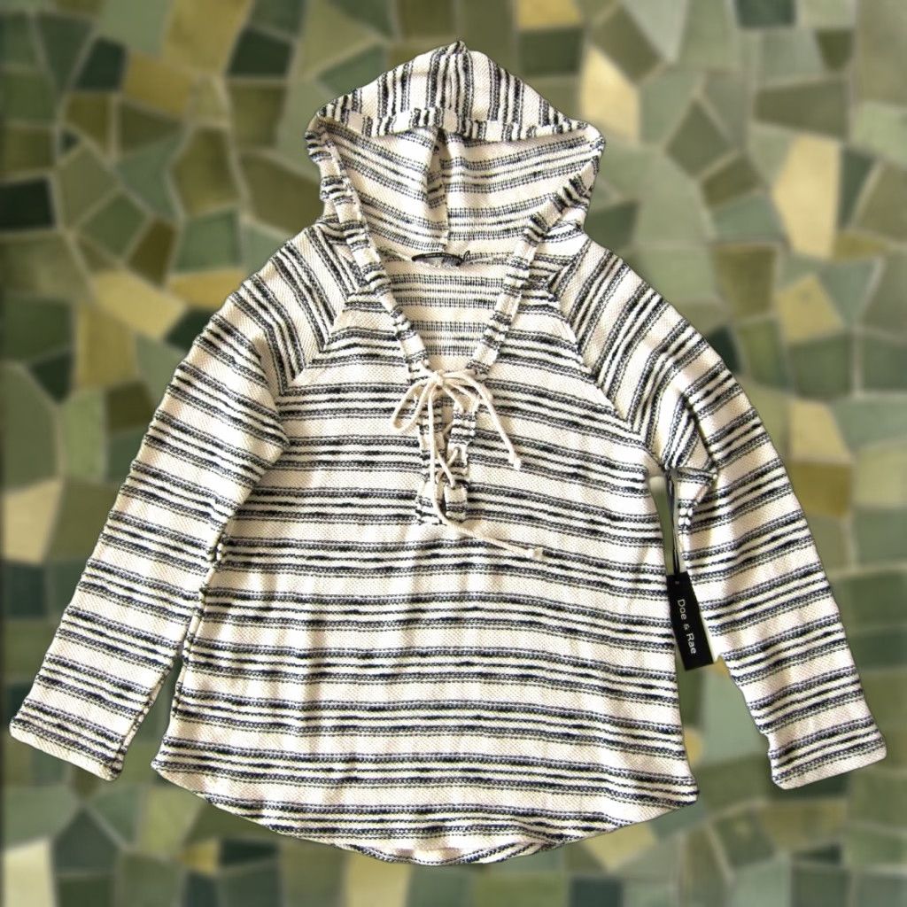 Vintage NWT Doe & Rae Ivory Black Stripe Cotton Knit Lace Up Hooded Sweater Small Size S / US 4 / IT 40 - 1 Thumbnail