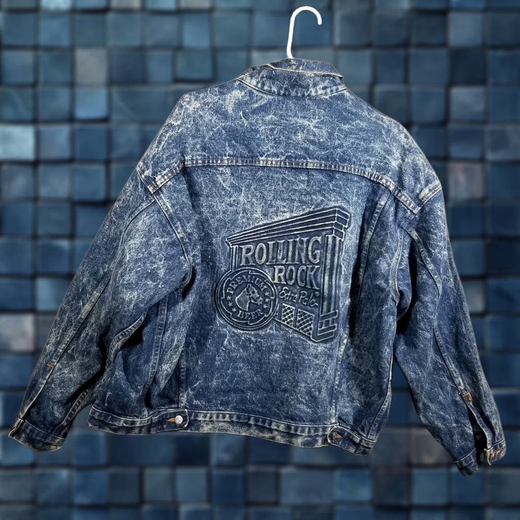 Denime Vintage Rolling Rock Denim Jacket Mens L 90s Acid Wash Blue Bomber Button - 33 Size US L / EU 52-54 / 3 - 1 Thumbnail