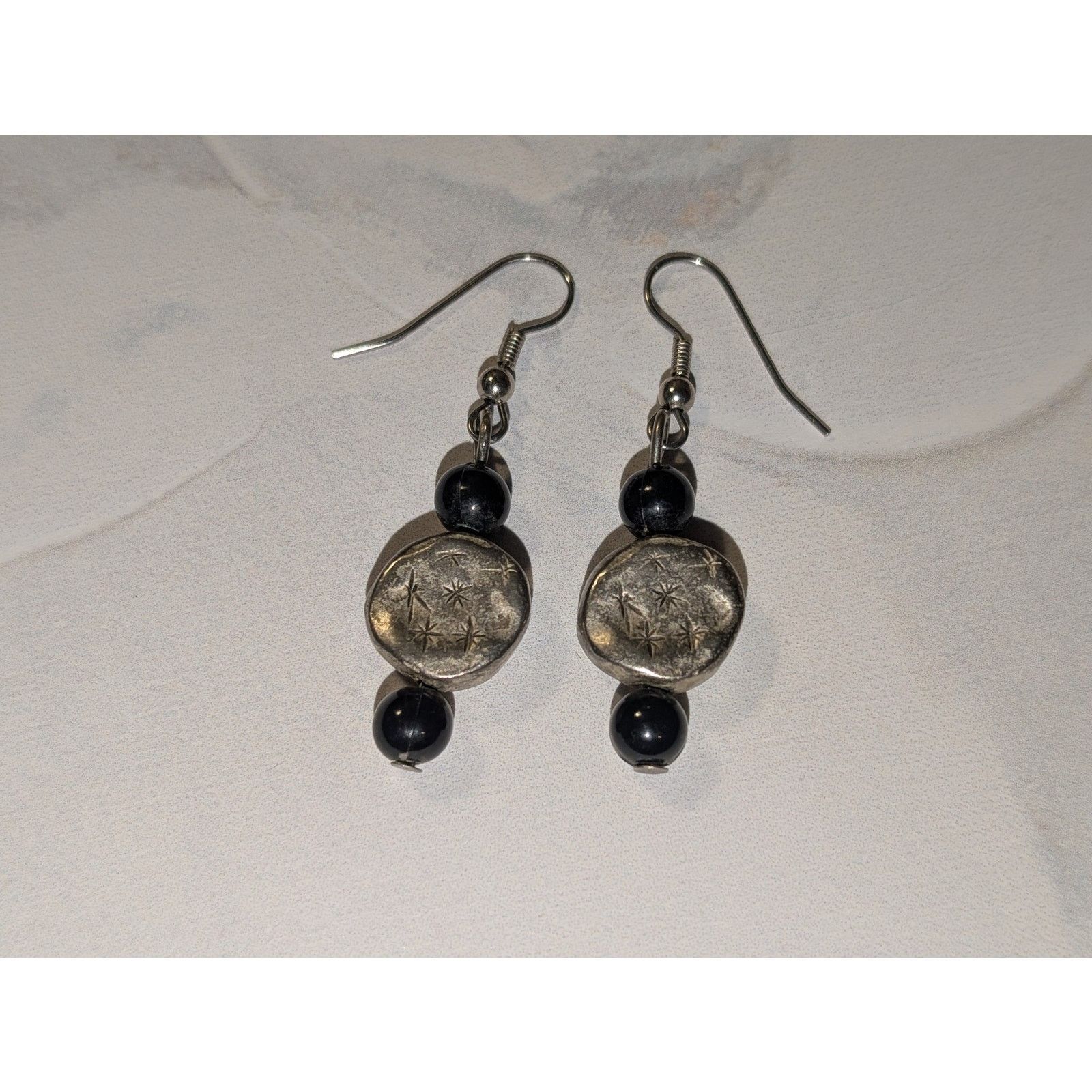 Vintage VTG 1980s Rustic Silver-Tone Disc Black Beaded Drop Earrings Size ONE SIZE - 1 Thumbnail