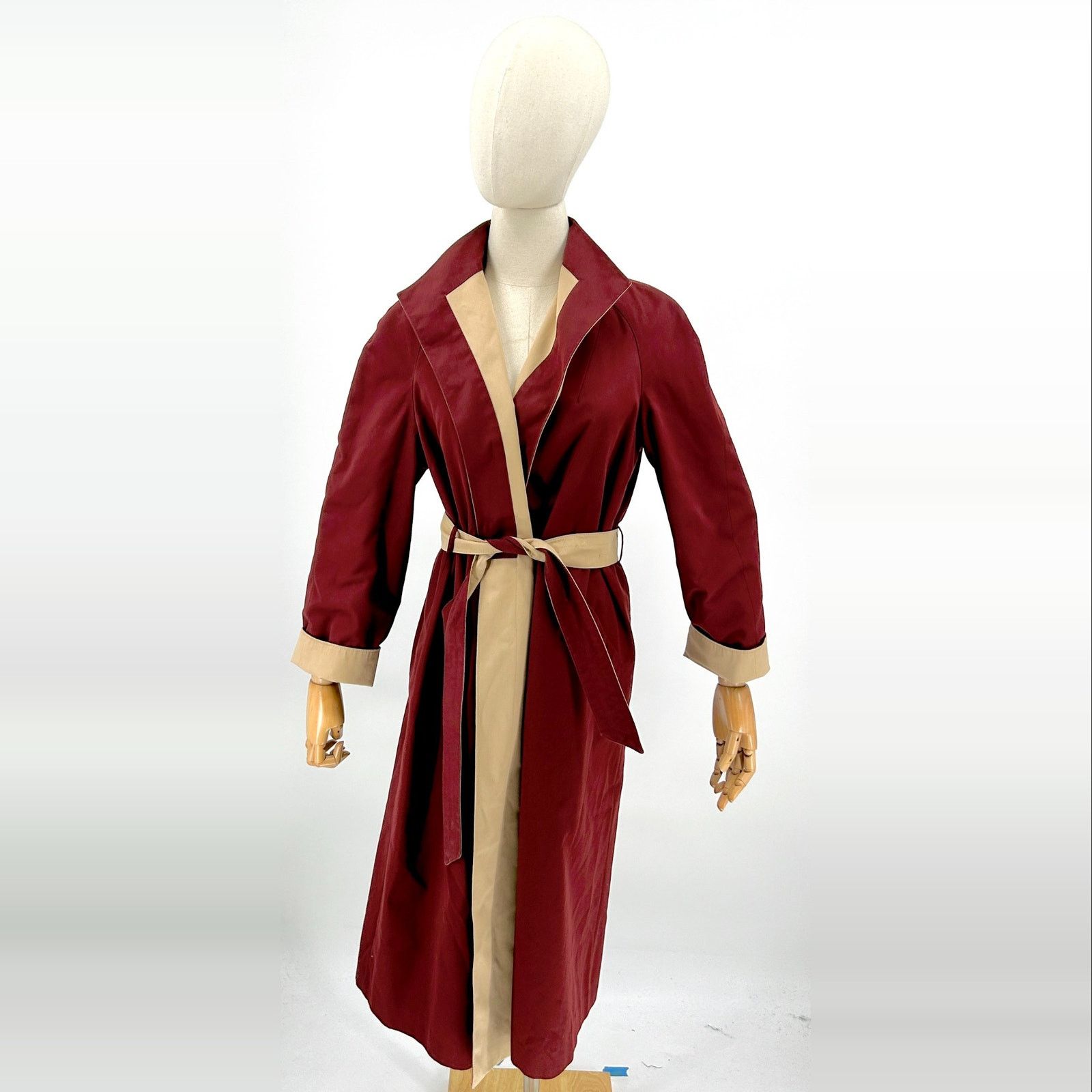 Etienne Aigner Vintage 80s Tan Maroon Reversible Belted Trench Coat Size M / US 6-8 / IT 42-44 - 6 Thumbnail
