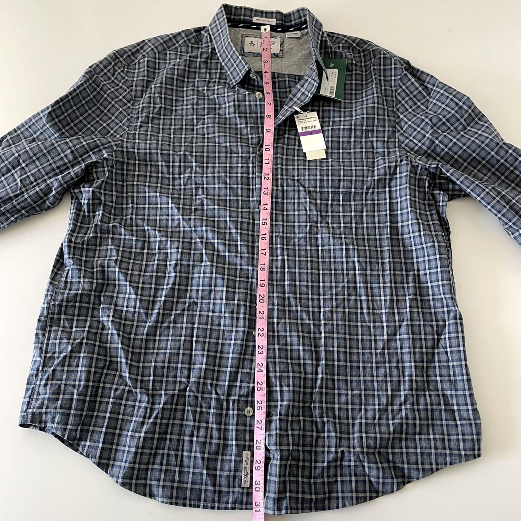 Vintage Penguin Shirt Plaid Button-Up Slim Fit Long Sleeve Mens 2XL Blue Size US XXL / EU 58 / 5 - 6 Thumbnail