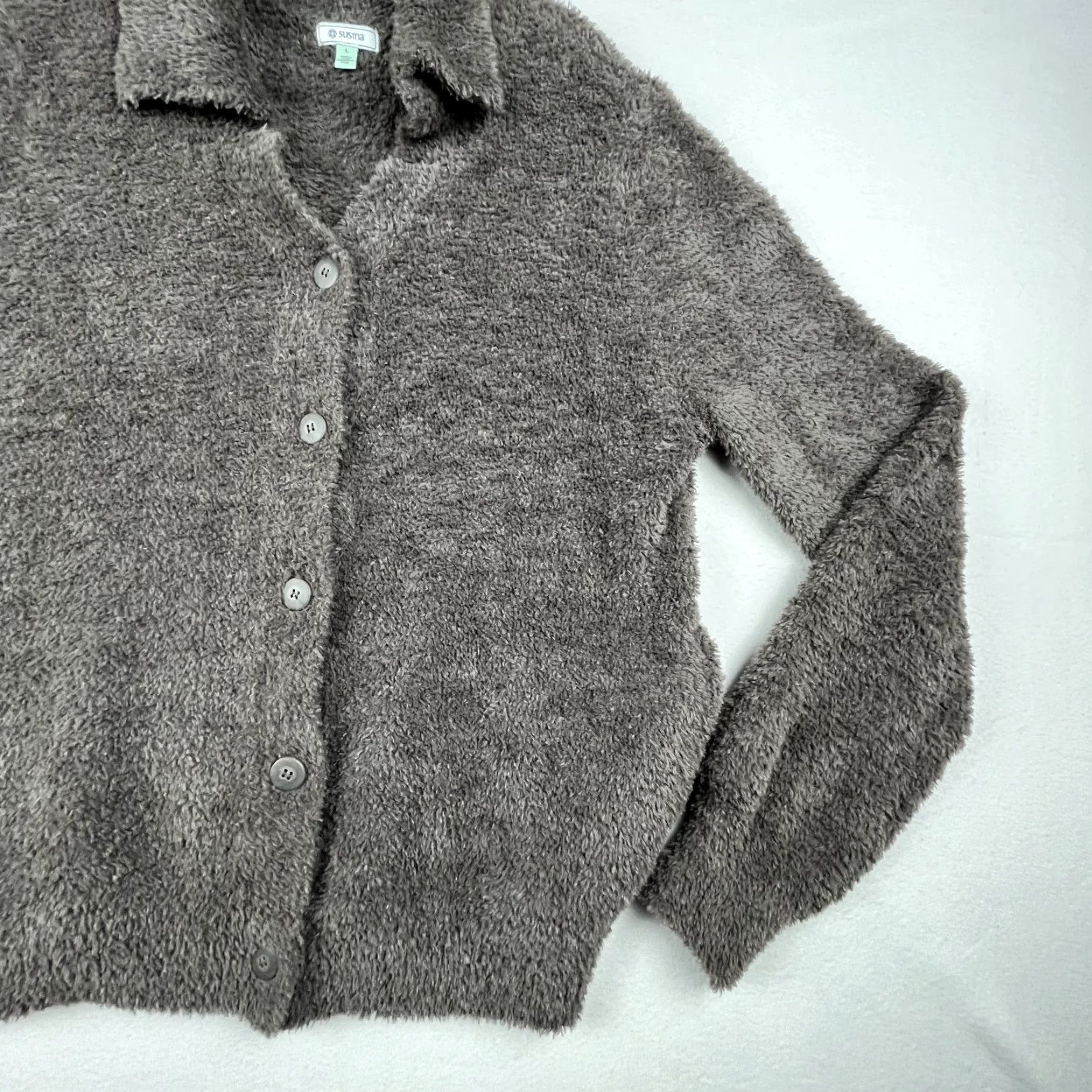 Vintage Susina Cardigan Sweater Womens Large Gray Brown Polyester Plush Classic Collared Size L / US 10 / IT 46 - 6 Thumbnail