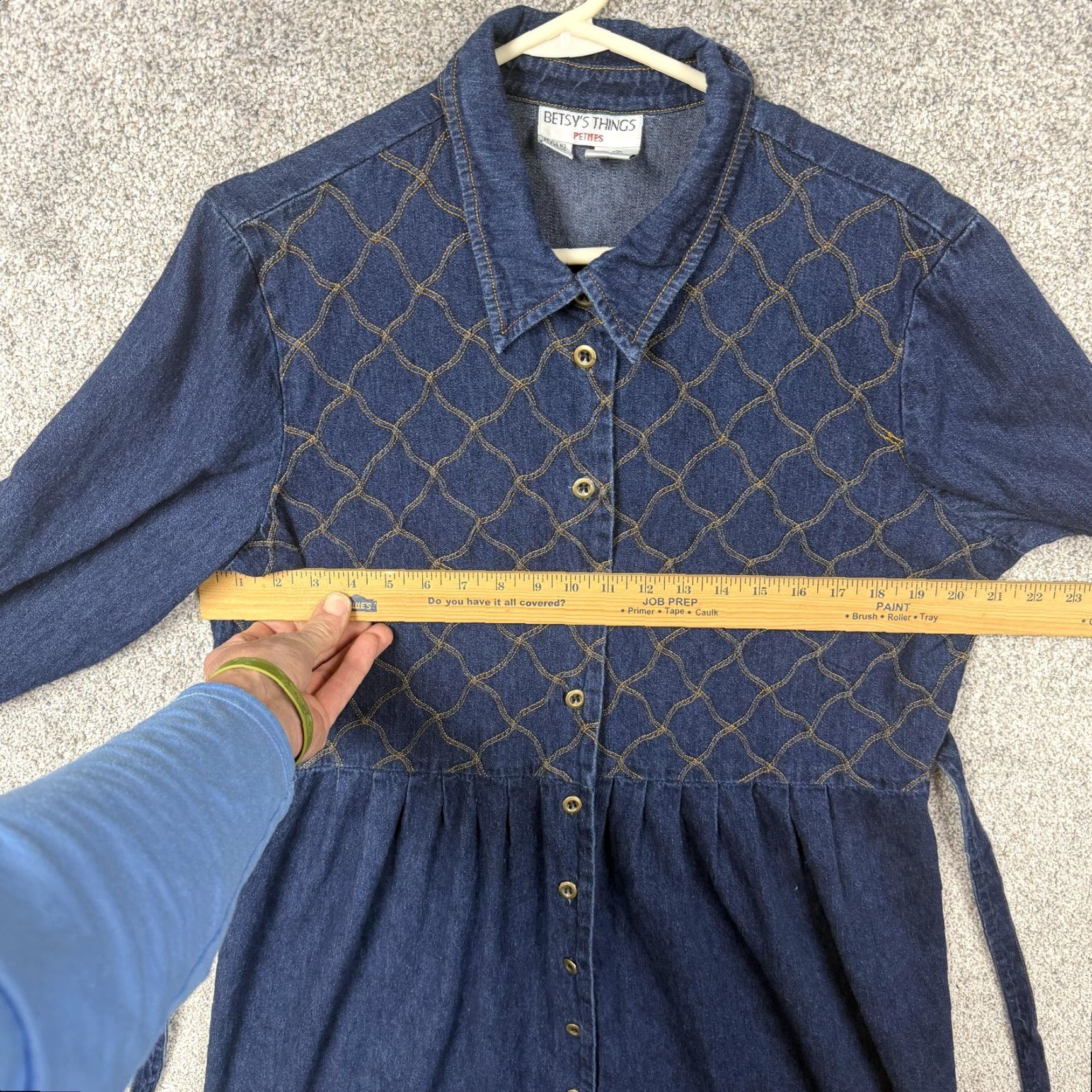 Denime VINTAGE Betsy's Things Shirt Dress 16P Blue Denim Quilted Belted Prairie Boho 80s Geometric Long Sleeve Midi Dress Womens Beige? Size XXL / US 16-18 / IT 52-54 - 3 Thumbnail