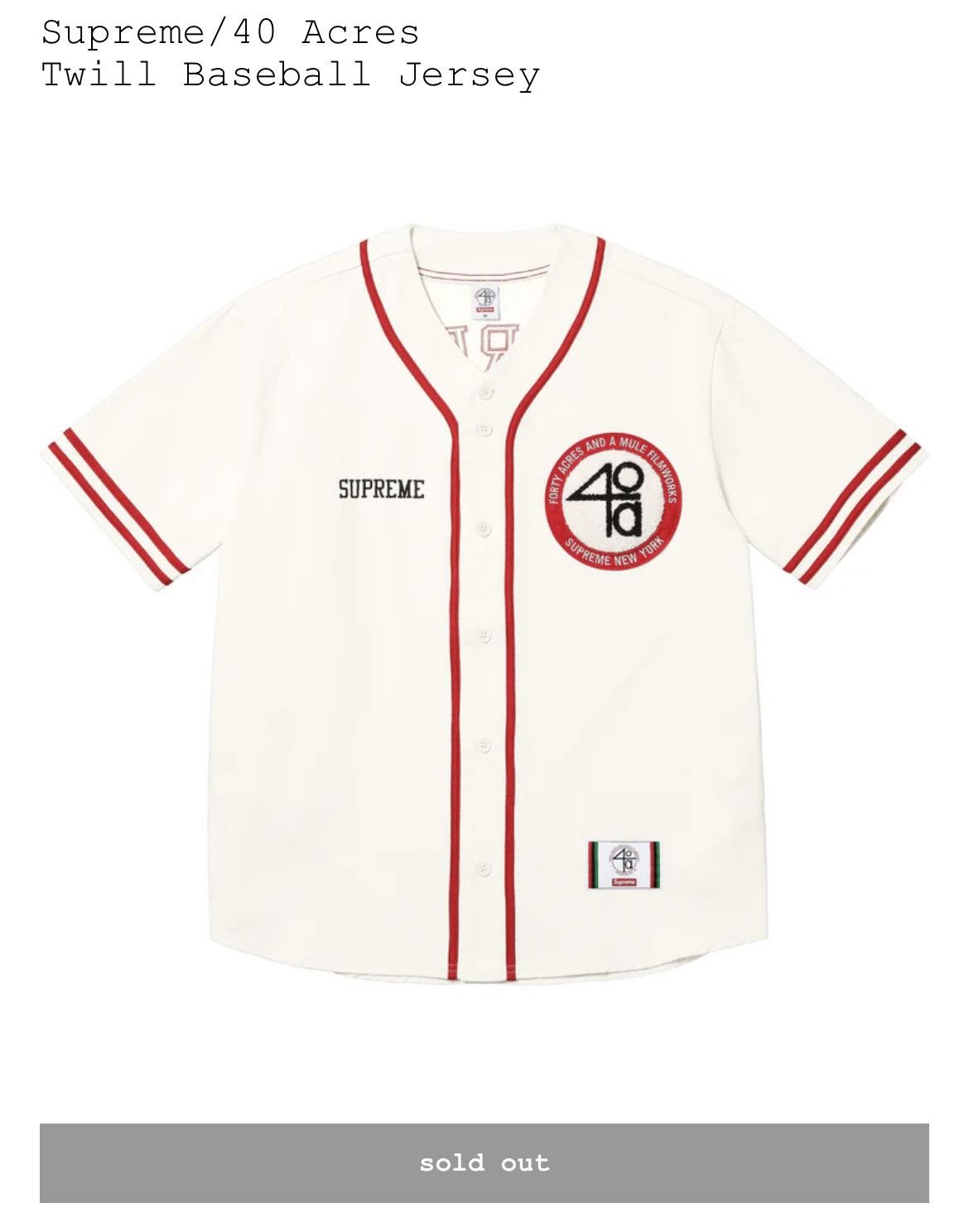 Supreme Supreme 40 Acres Twill Baseball Jersey Natural White