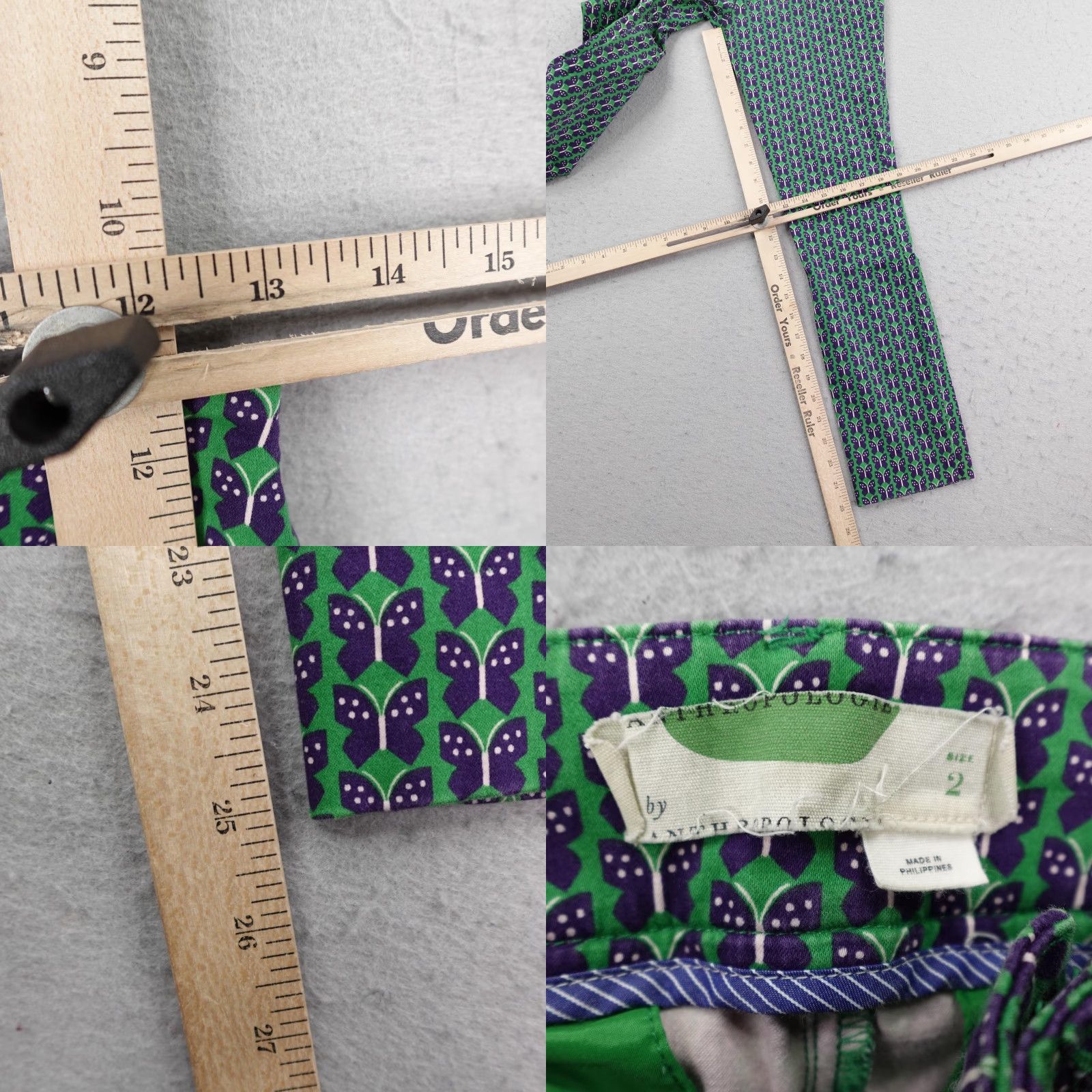 Anthropologie VINTAGE Anthropologie Pants Womens 2 Green Purple Butterfly Print Essential Slim Trouser Size 26" / US 2 / IT 38 - 8 Thumbnail
