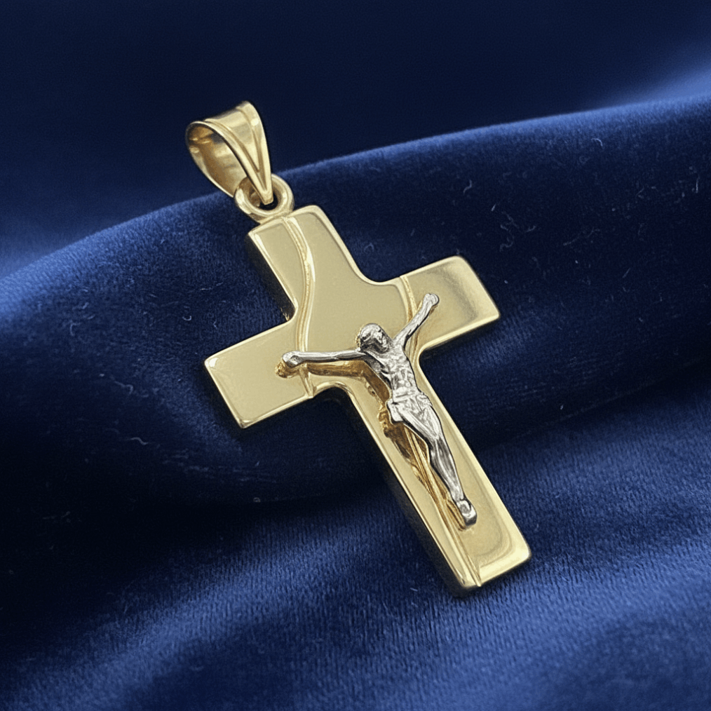 14K Two Tone Gold Pendant Solid Yellow White Jesus Cross