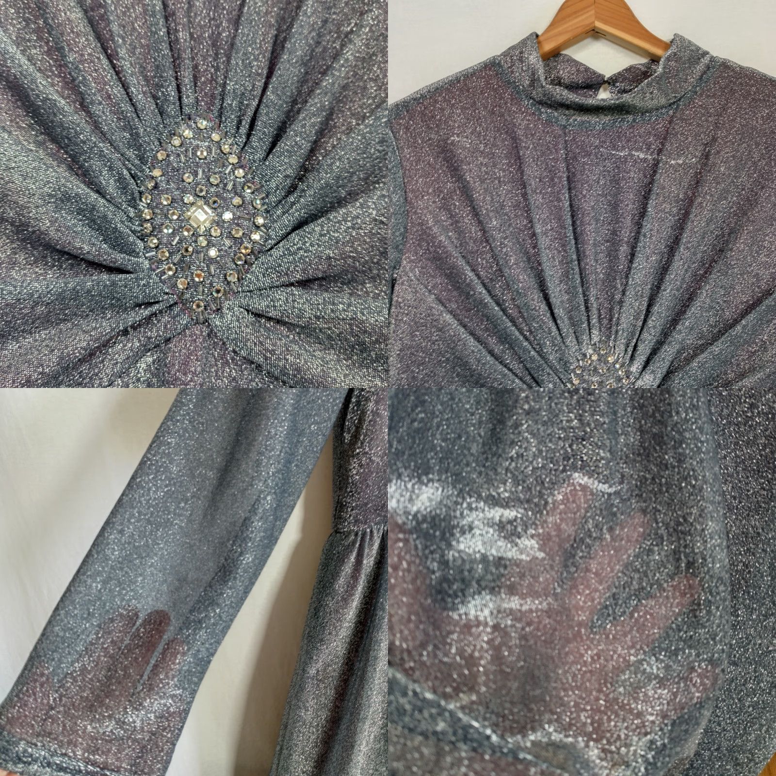 Vintage Vintage 1970s Evening Gown Size 16 Silver Metallic Maxi Long Sleeve Party Event Here for Sale Size XXL / US 16-18 / IT 52-54 - 8 Thumbnail