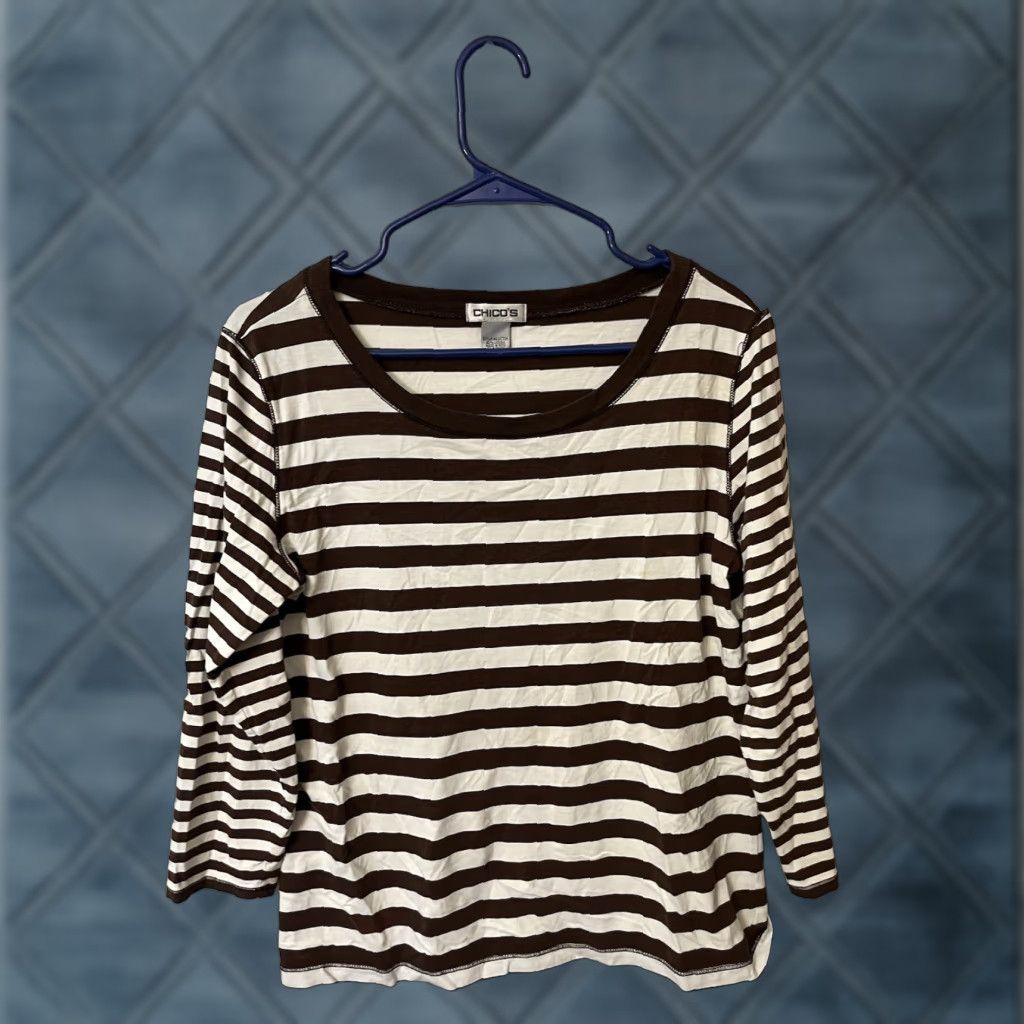 Vintage Chicos Shirt Women Size 1 T Shirt Cotton 3/4 Sleeve Brown/White Stripe Womens Size XS / US 0-2 / IT 36-38 - 1 Thumbnail