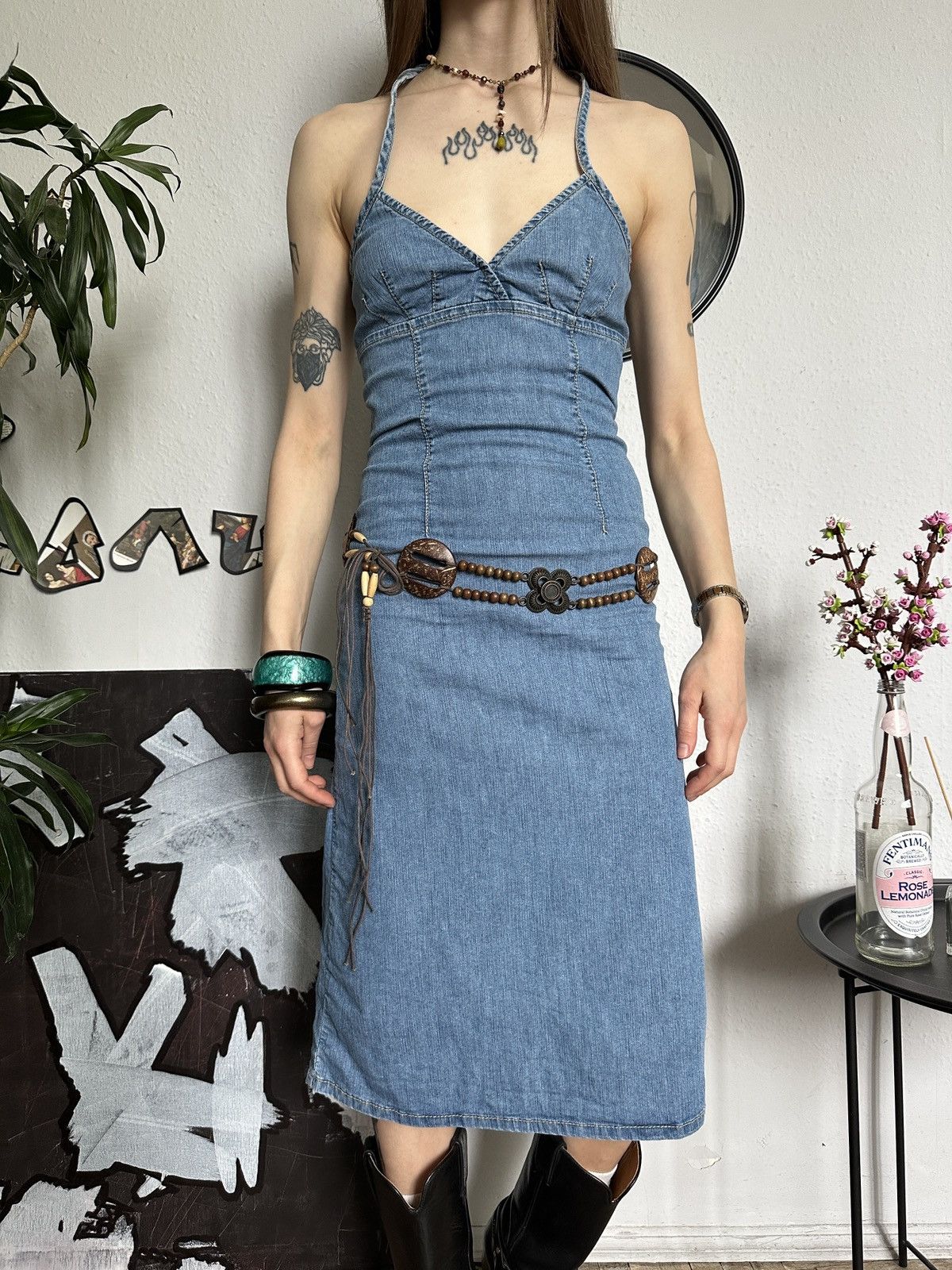 Vintage Cute Summer Vintage Halter Sundress Denim Midi Dress y2k Size S / US 4 / IT 40 - 3 Thumbnail