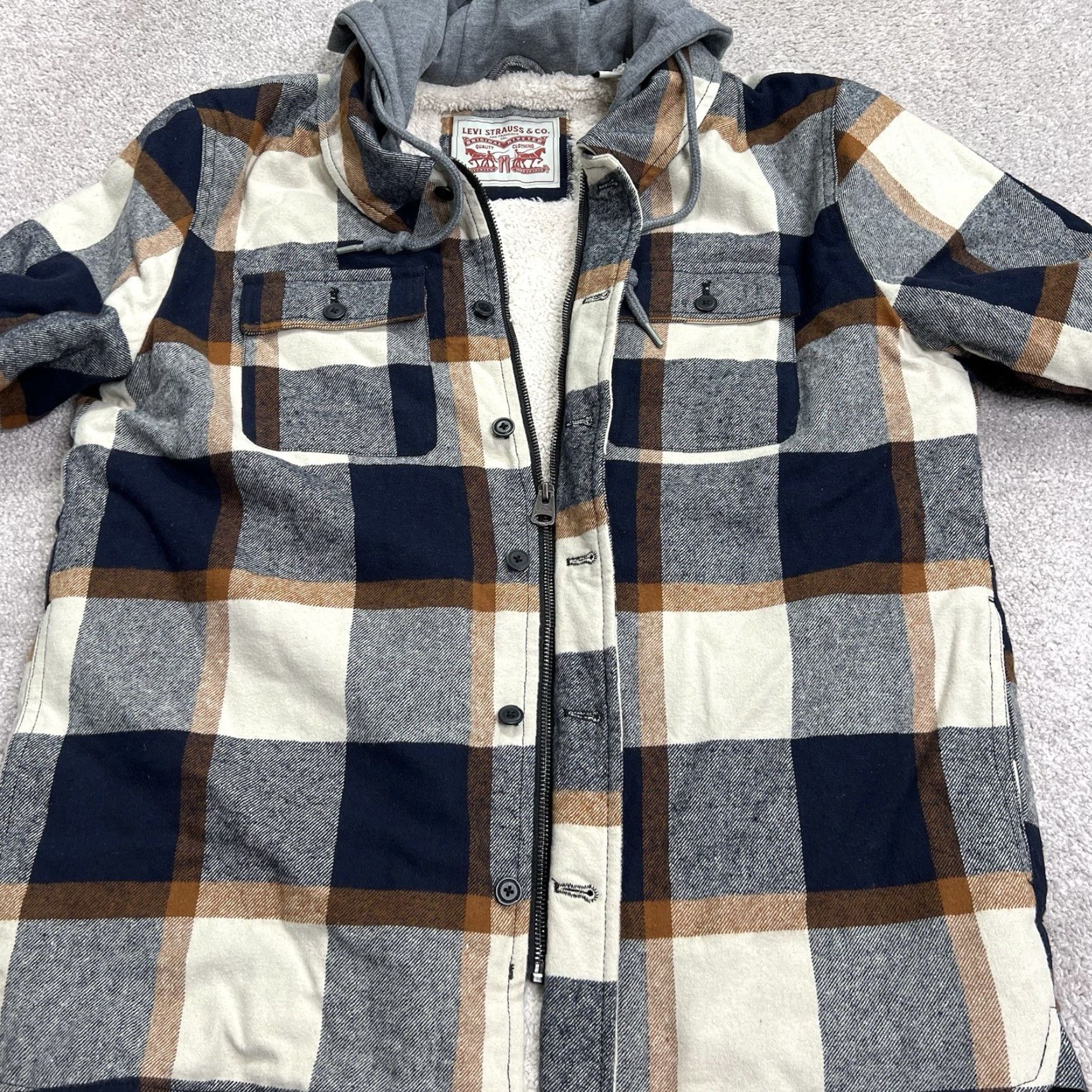 Levi's Levi Strauss Levi’s Made & Crafted Sherpa Lined Plaid Hoodie Jacket Men Large Full Zip Button Blue Multicolor NWT Size US L / EU 52-54 / 3 - 5 Thumbnail