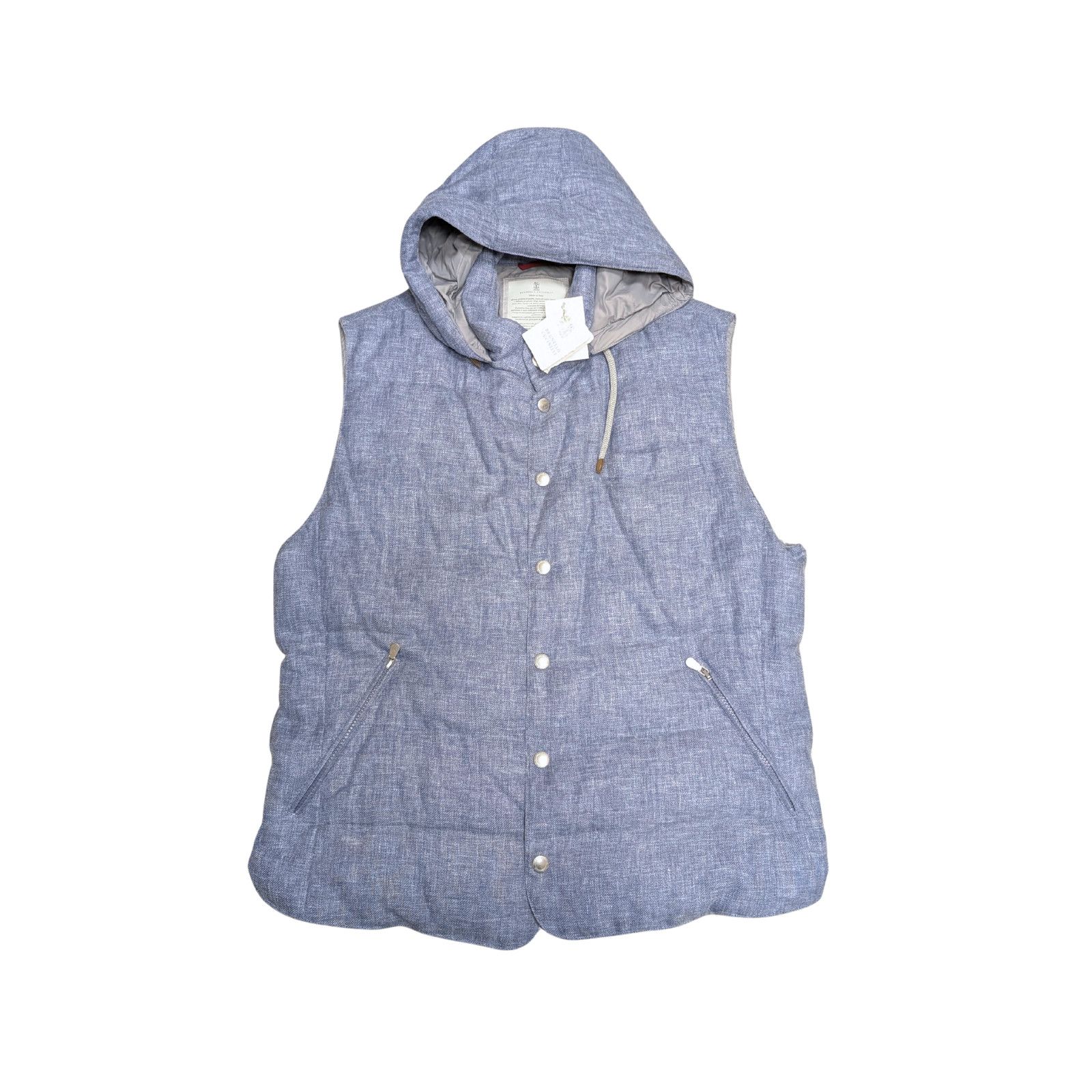 NWT Brunello Cucinelli Blue Linen Wool Silk Hooded Vest XXL