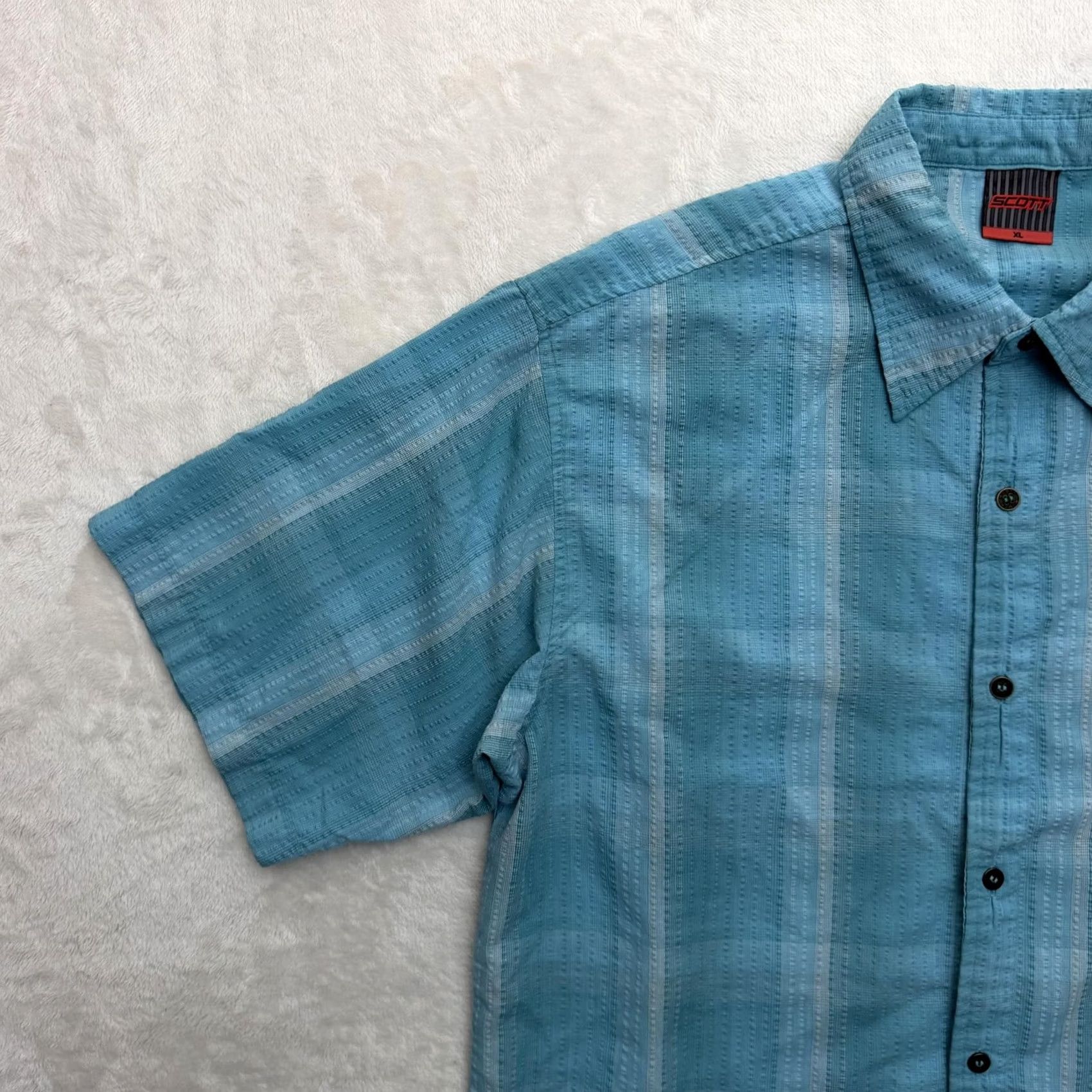 Vintage SCOTT Shirt Mens XL Blue Striped Textured Woven Casual Button Up Short Sleeve Size US XL / EU 56 / 4 - 5 Thumbnail
