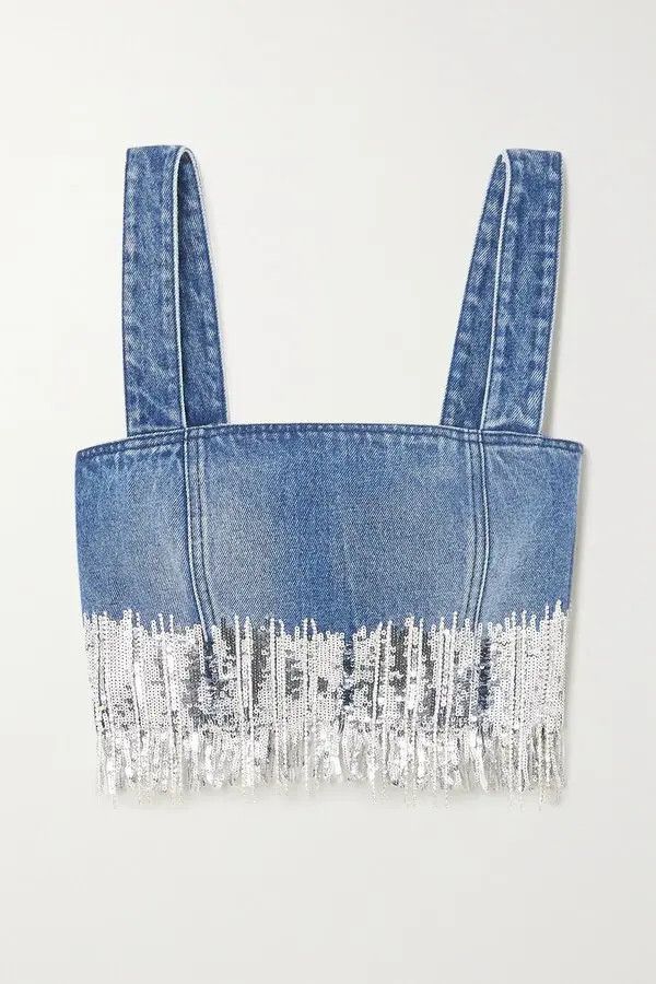 Balmain o1y0625 Denim Crop Top in Blue/White Size M / US 6-8 / IT 42-44 - 1 Thumbnail