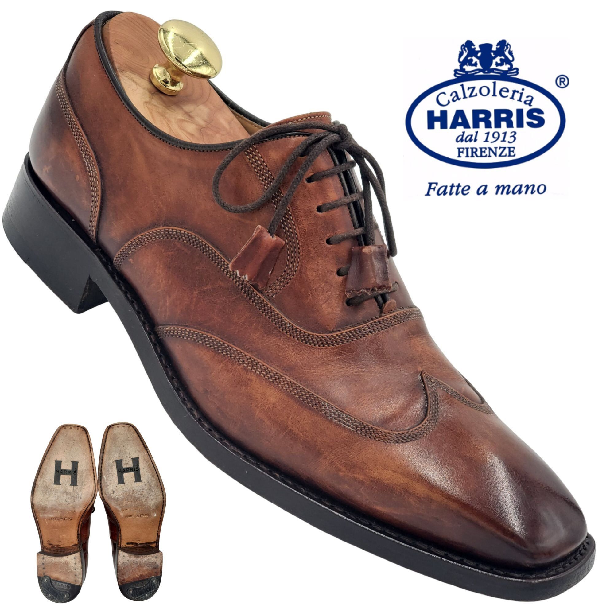 image of Barneys New York Calzoleria Harris Mens 7 Italian Patina Brown Leather Dress Shoes