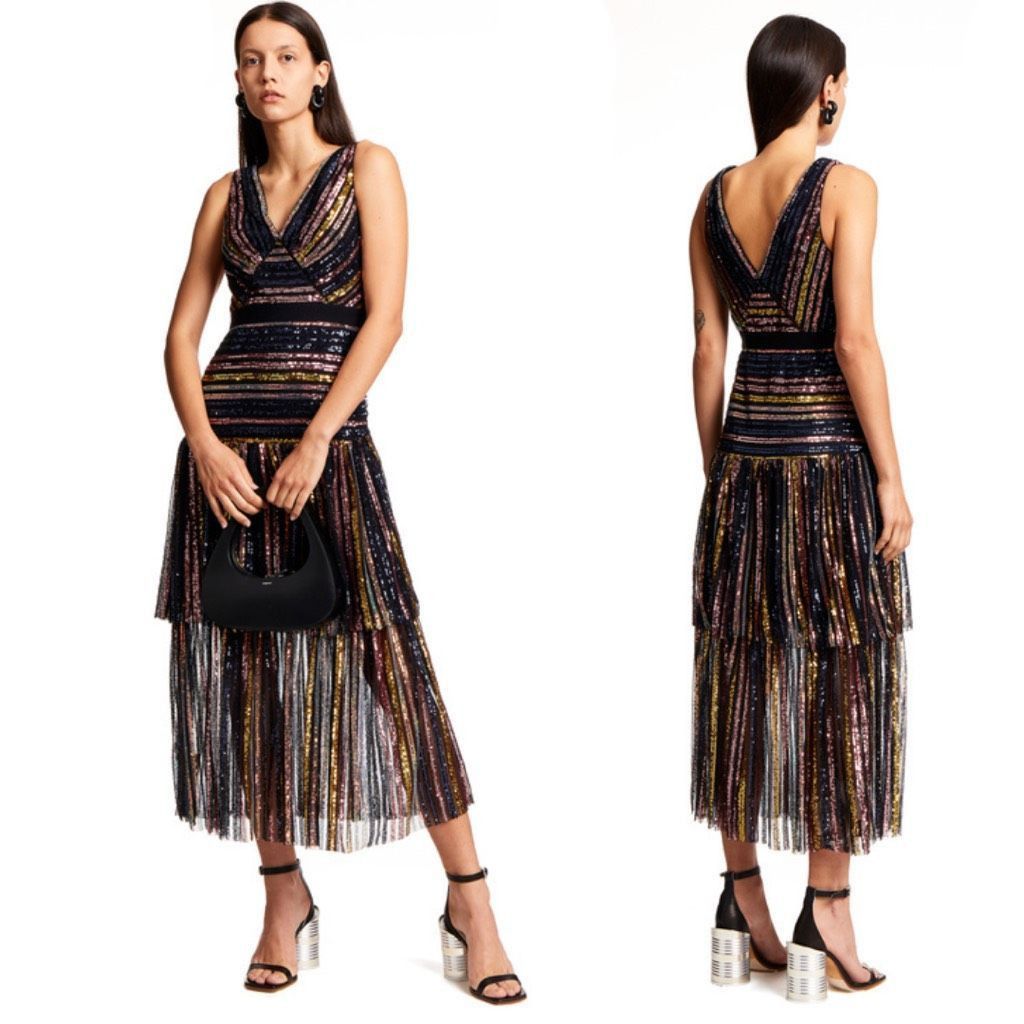 image of Self Portrait Self-Portrait Dress Tiered Sequin Striped Midi Dress Multi B in Black, Women's (Size 