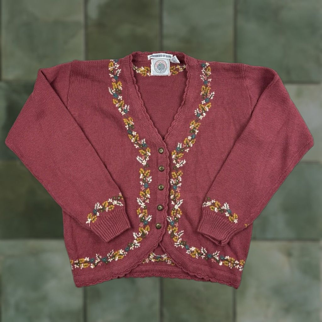 Vintage VINTAGE Cape Isle Women's Cardigan Sweater S Knit Floral 90s Red Casual Womens Size S / US 4 / IT 40 - 1 Thumbnail