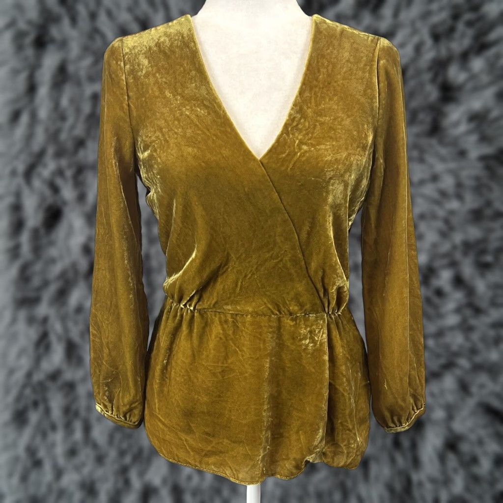 J.Crew J.CREW Velvet Faux Wrap Blouse Gold Adult Size 0 Long Sleeve V-Neck Womens Size XS / US 0-2 / IT 36-38 - 1 Thumbnail