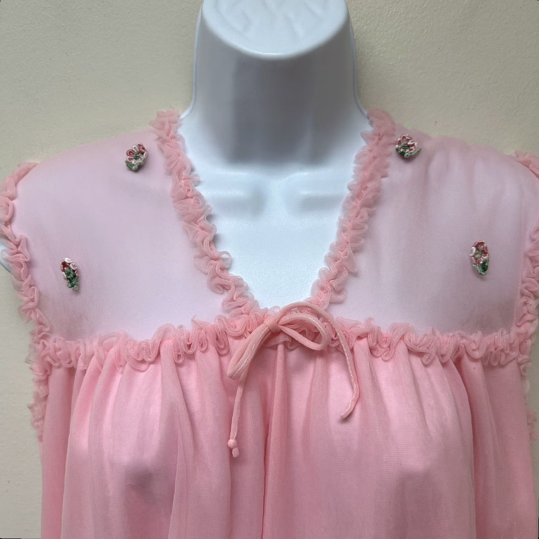 Vintage VINTAGE Nightgown Nylon Tricot Lace Double Layer Sheer Chiffon Overlay Size M Pink Nightgown Size ONE SIZE - 3 Thumbnail
