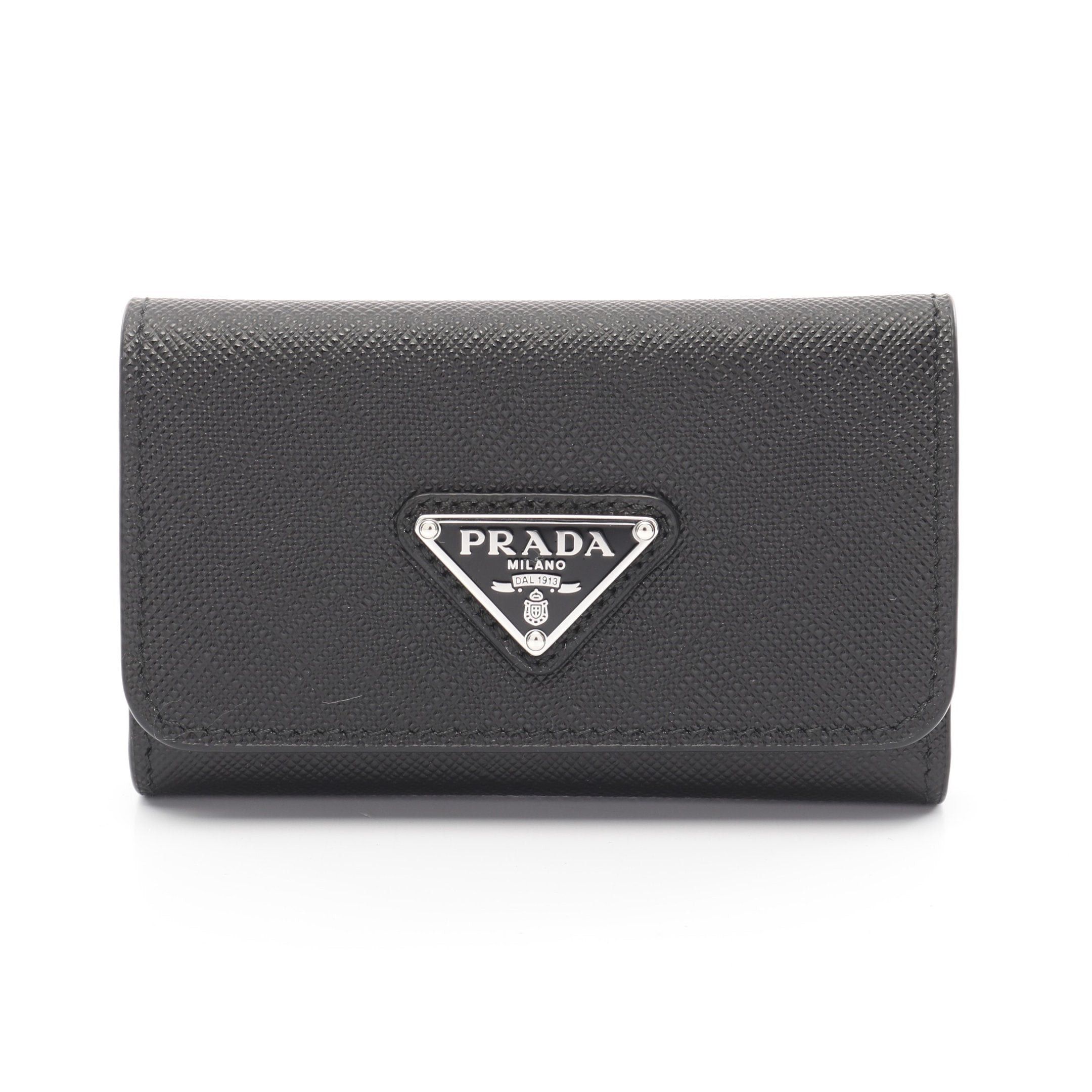 Prada Saffiano Triang 4 Ring Chain Key Case Leather Black