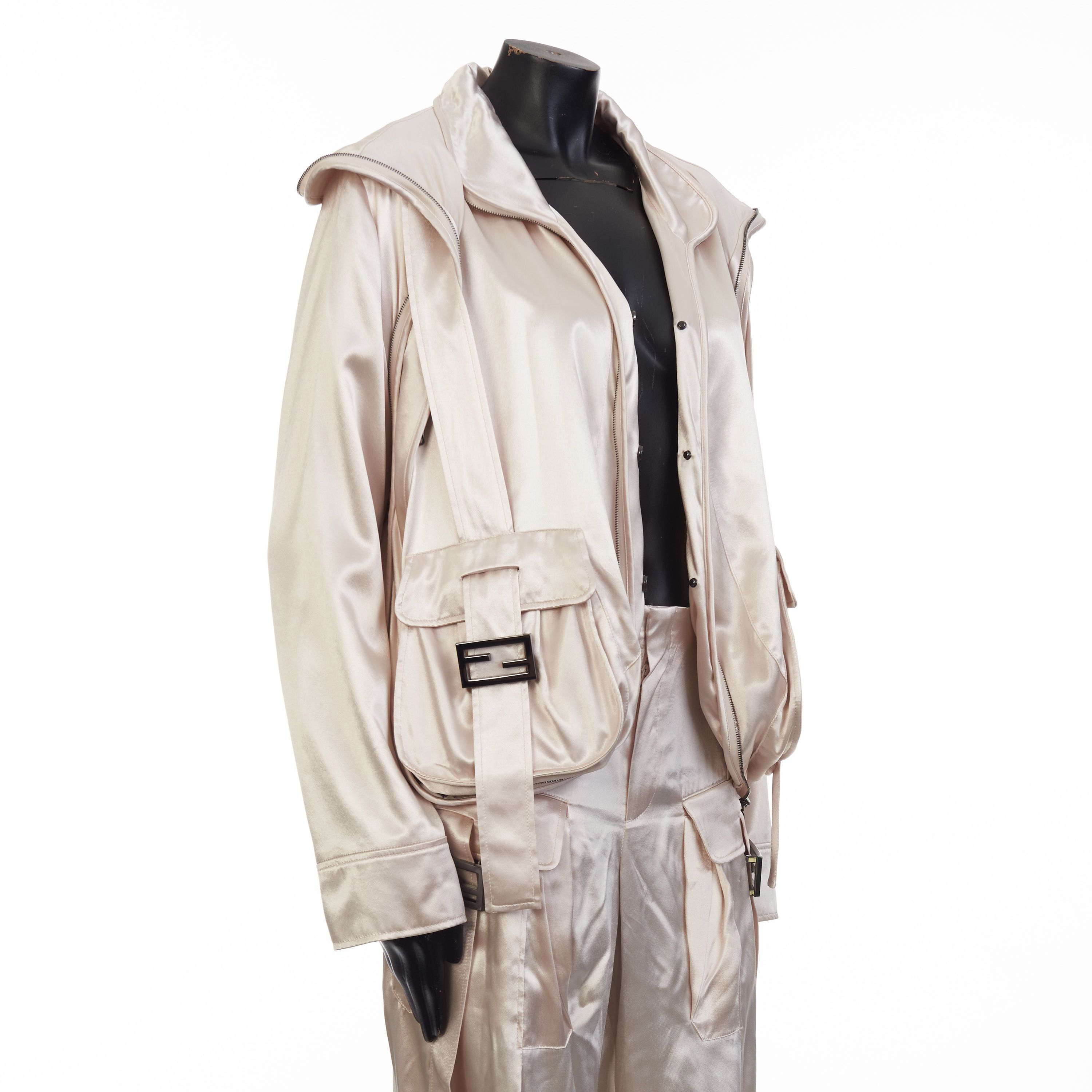 Fendi Beige Satin Blouson Jacket - Snap Closure, Metal FF Buckle Size S / US 4 / IT 40 - 12 Thumbnail