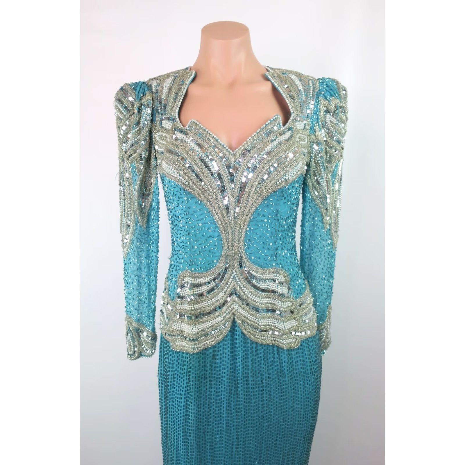 Oleg Cassini VTG Oleg Cassini Silk Beaded Backless Dress Formalwear Wedding Black Tie Sz 4 Blue 1980s Womens Dress Size S / US 4 / IT 40 - 3 Thumbnail