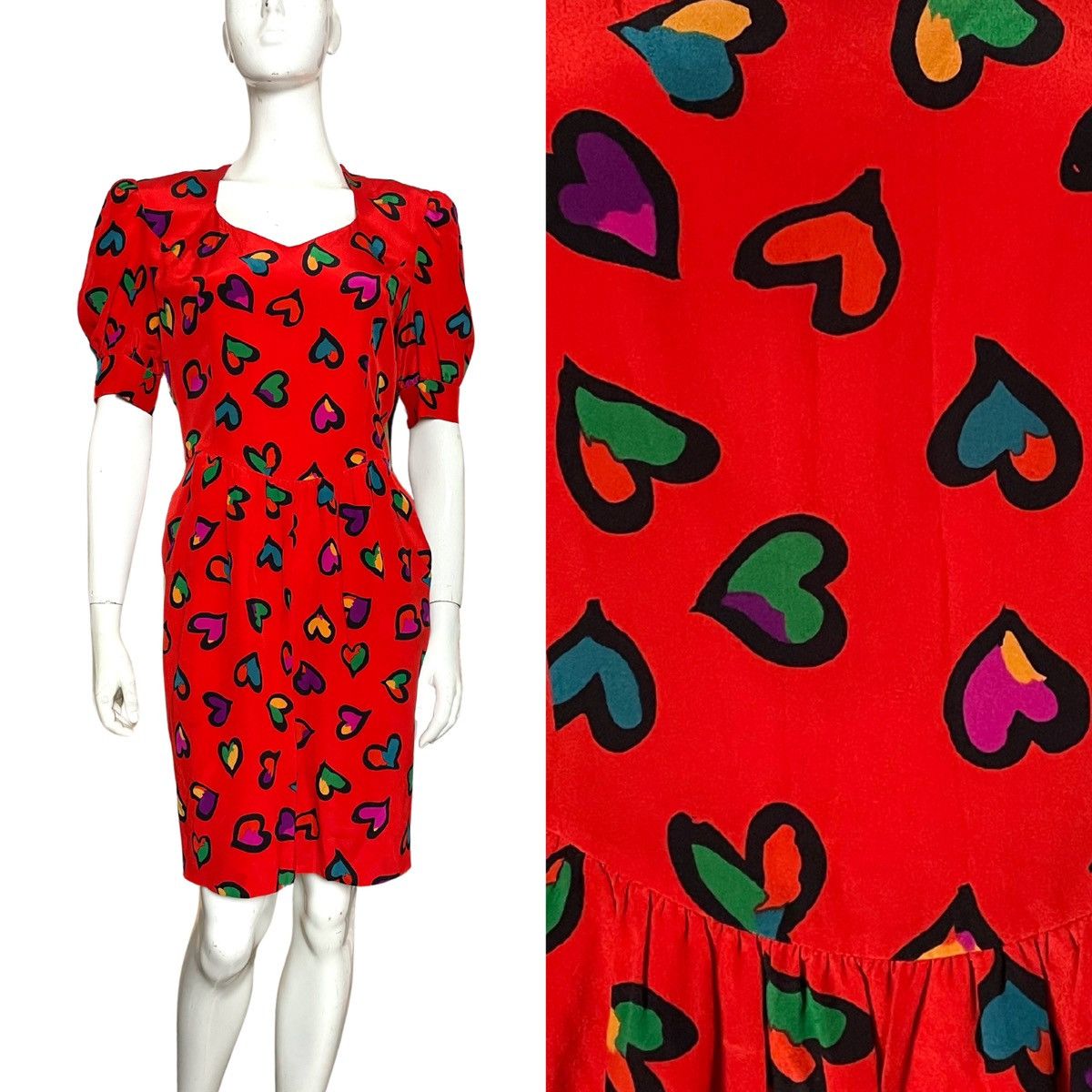 image of Escada 1990S Vintage Heart Print Silk Dress in Red, Women's (Size Small)