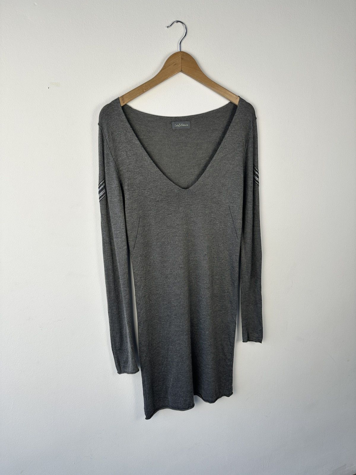 Zadig & Voltaire ZADIG & VOLTAIRE Grey V-Neck Dress Chevron Rhinestone Studs Size L / US 10 / IT 46 - 4 Thumbnail
