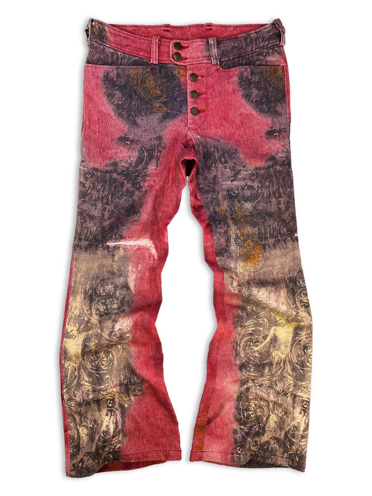 Image of 00S Tornado Mart Enchanted Wood Flared Pink Distressed Jeans, Men's (Size 31)