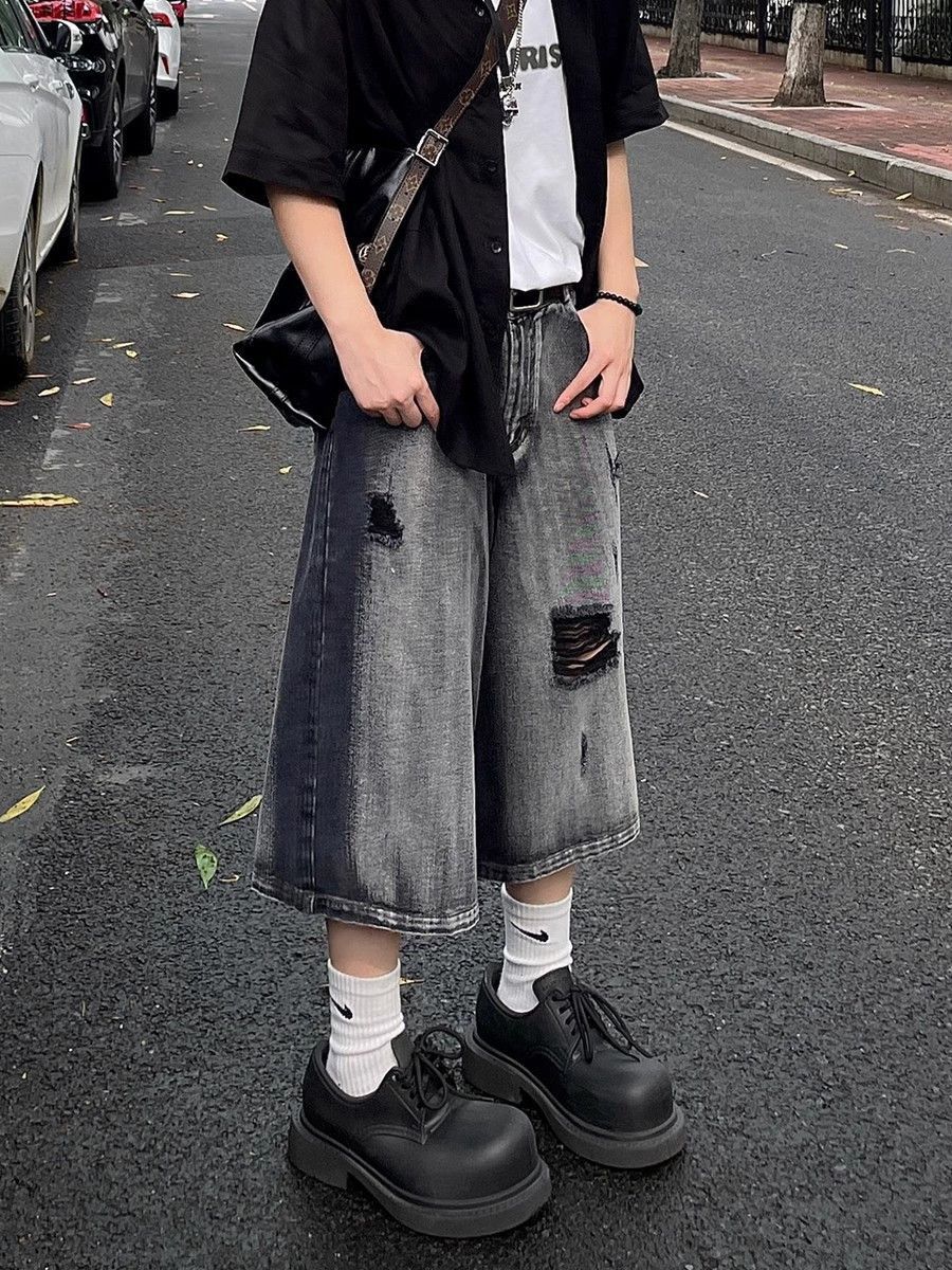 Japanese Brand Loose straight leg distressed gradient denim shorts Size US 32 / EU 48 - 4 Thumbnail