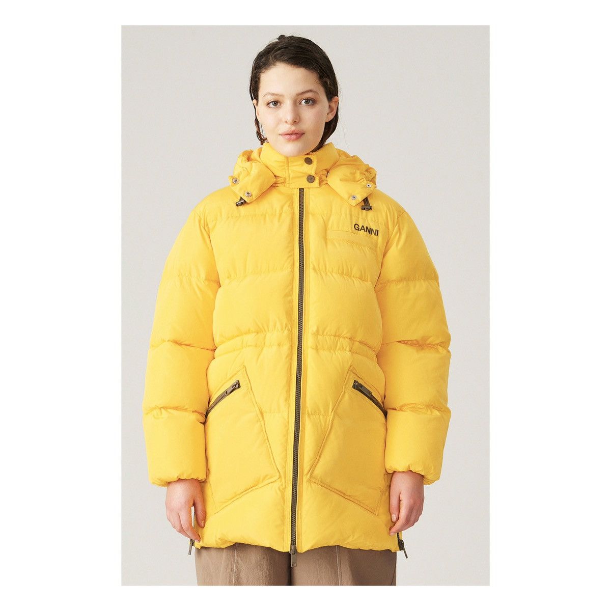 image of Ganni Yellow Puffer Oversized Jacket Coat Xxs/xs, Women's