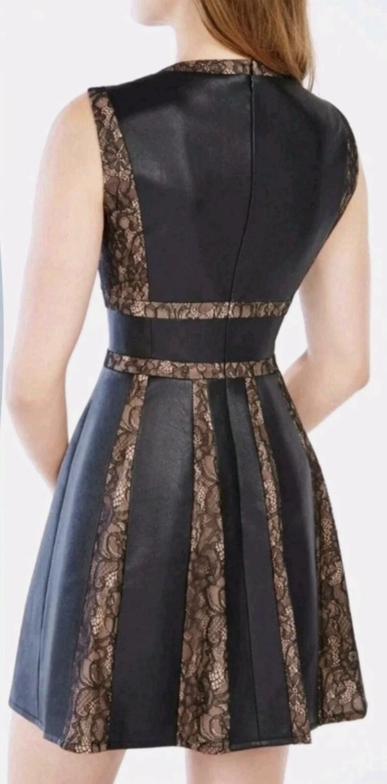 Bcbgmaxazria BCBG MaxAzria Black Leather Lace Panel V-Neck Mini Dress Size XL / US 12-14 / IT 48-50 - 2 Thumbnail