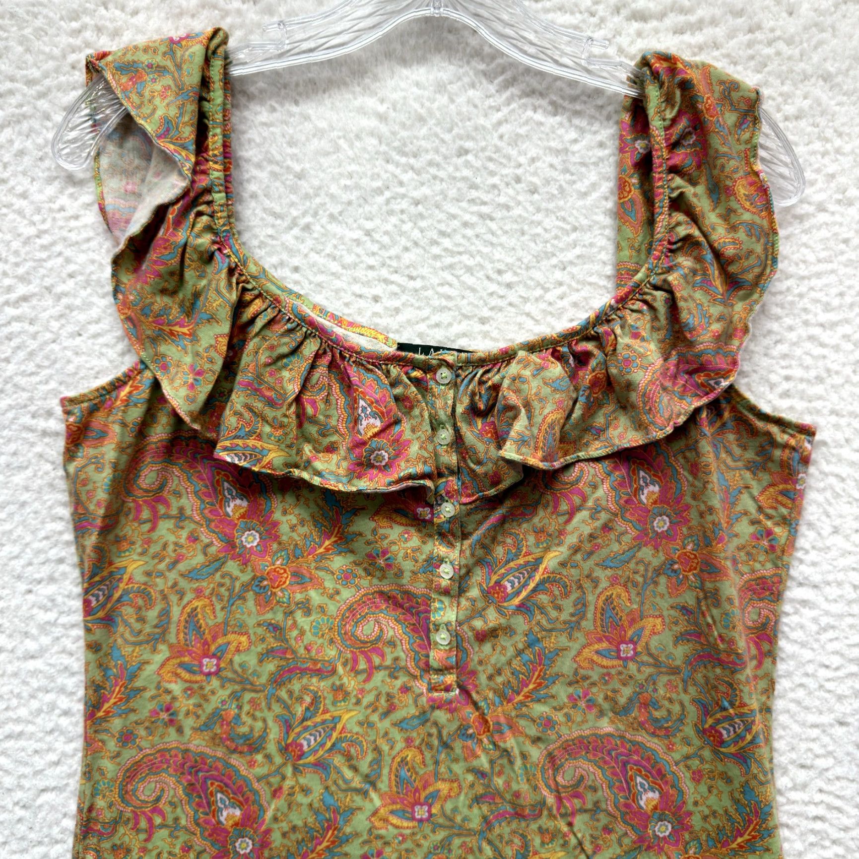 Ralph Lauren Lauren Ralph Lauren Top Blouse Sleeveless Henley Ruffle Neck Paisley Green L Womens Size L / US 10 / IT 46 - 3 Thumbnail